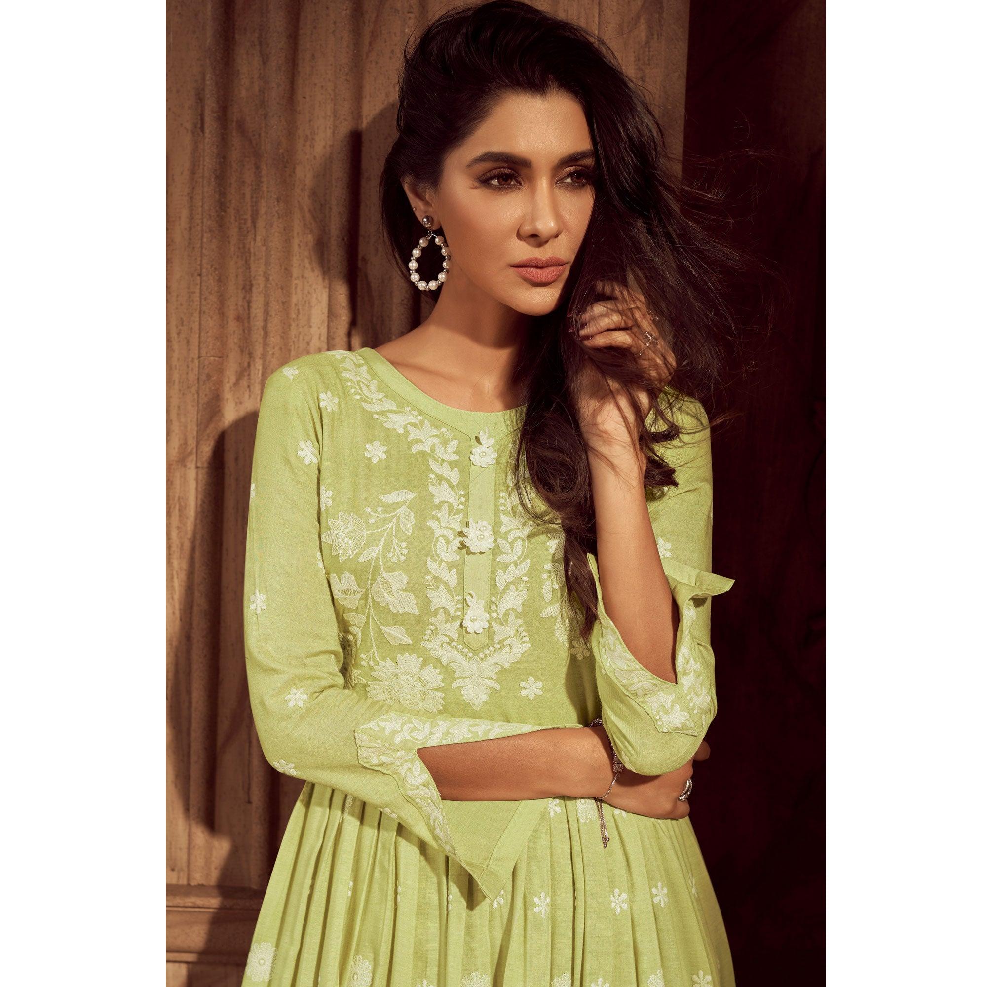 Green Lucknowi Embroidered Rayon Palazzo Suit - Peachmode
