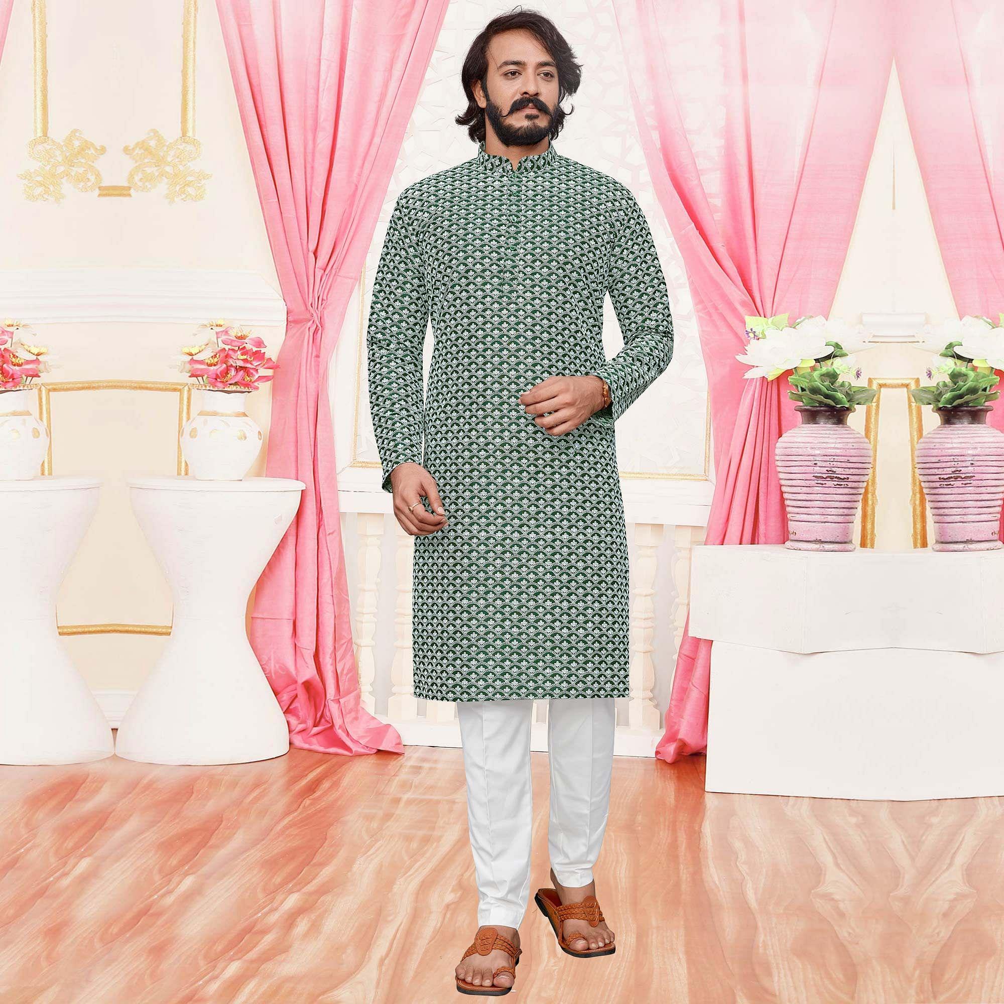 Green Lucknowi Work Art Silk Kurta Pyjama Set - Peachmode
