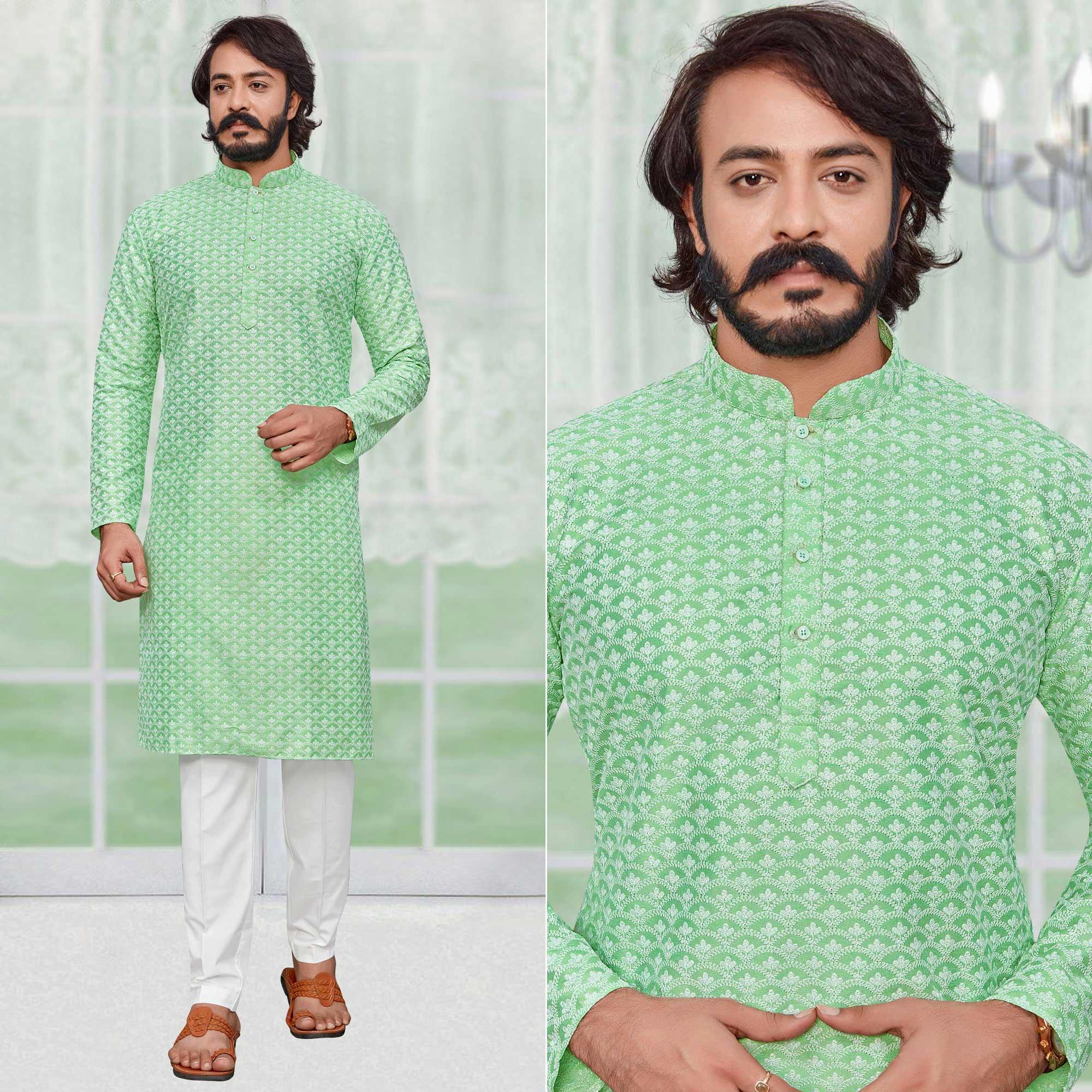 Green Lucknowi Work Art Silk Kurta Pyjama Set - Peachmode