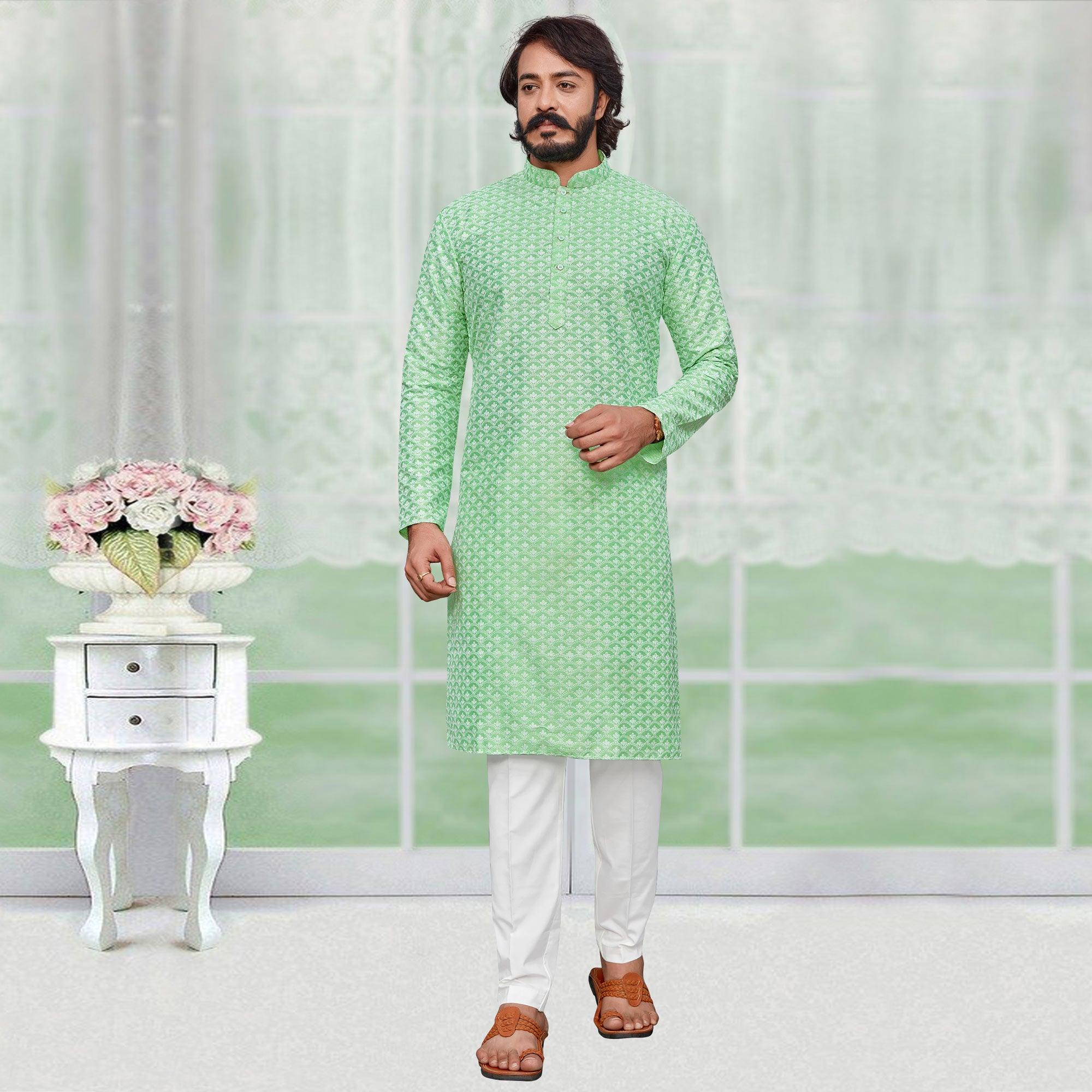 Green Lucknowi Work Art Silk Kurta Pyjama Set - Peachmode