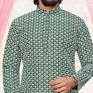 Green Lucknowi Work Art Silk Kurta Pyjama Set - Peachmode
