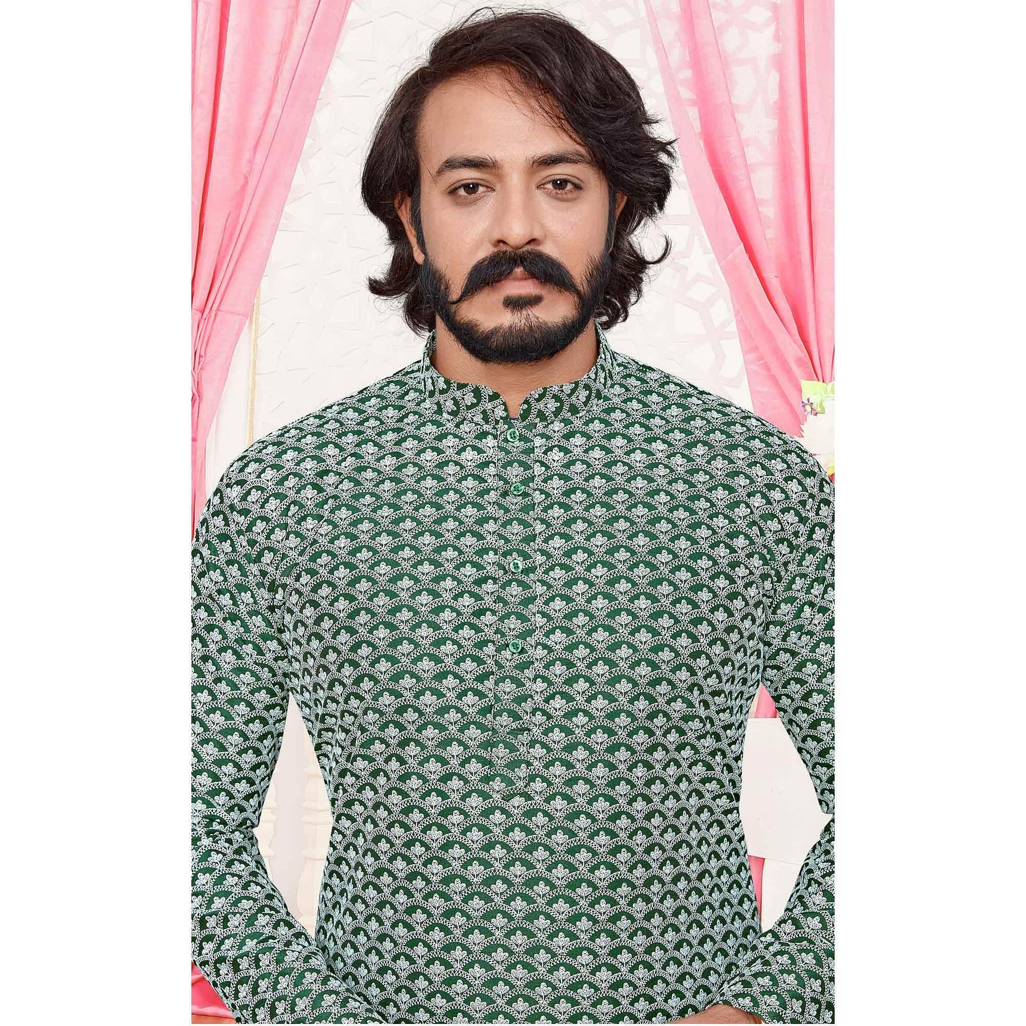 Green Lucknowi Work Art Silk Kurta Pyjama Set - Peachmode