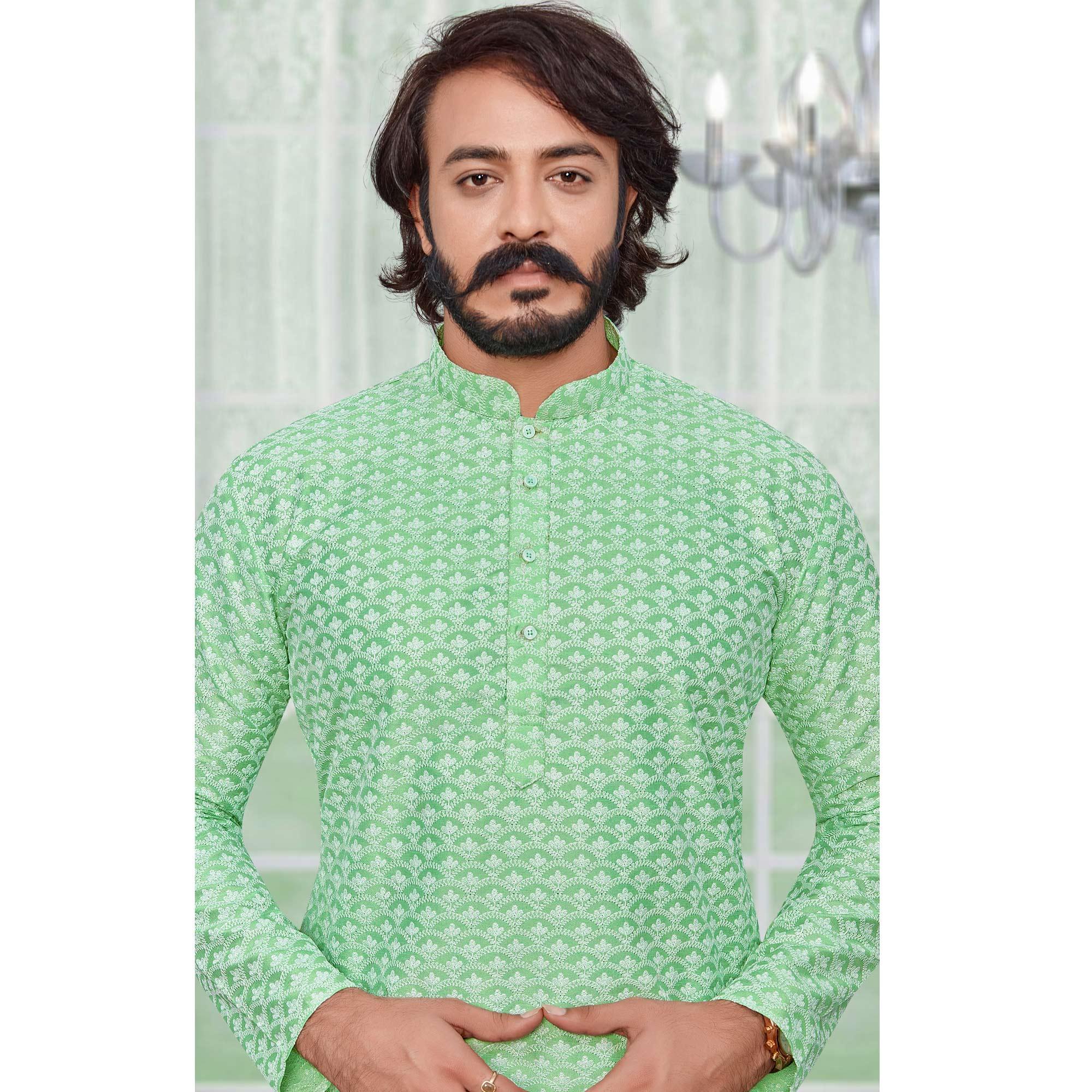 Green Lucknowi Work Art Silk Kurta Pyjama Set - Peachmode