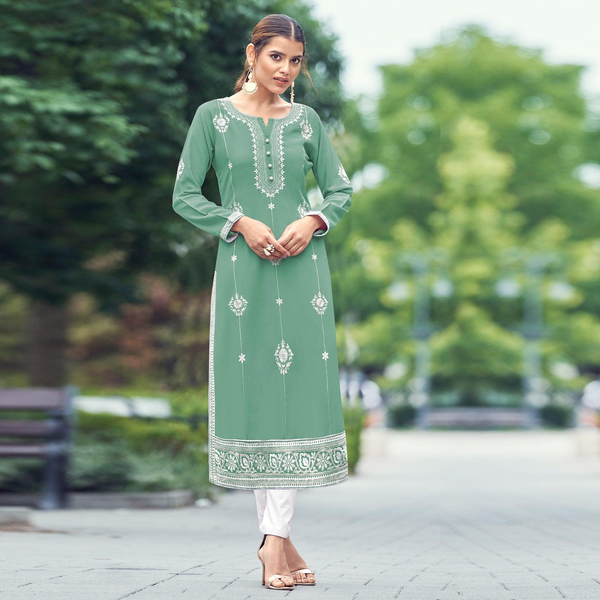 Green Lucknowi Work Rayon Kurti - Peachmode