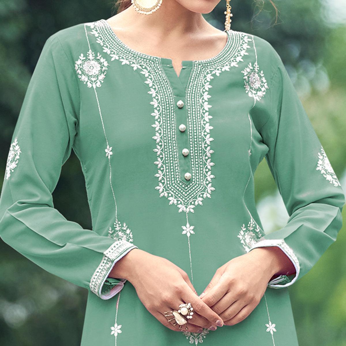 Green Lucknowi Work Rayon Kurti - Peachmode