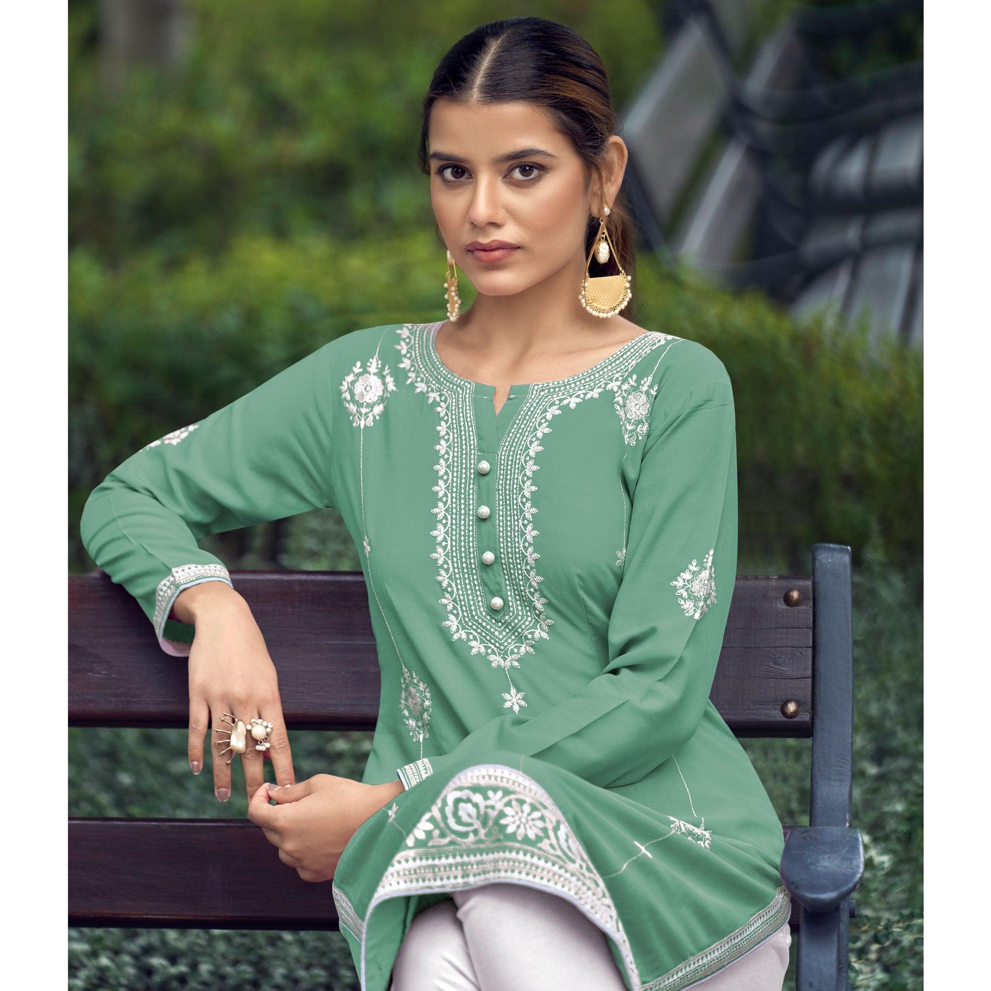 Green Lucknowi Work Rayon Kurti - Peachmode