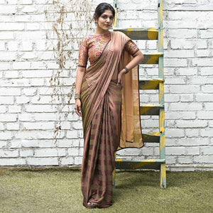 Green-Mauve Stripe Printed Satin Saree - Peachmode