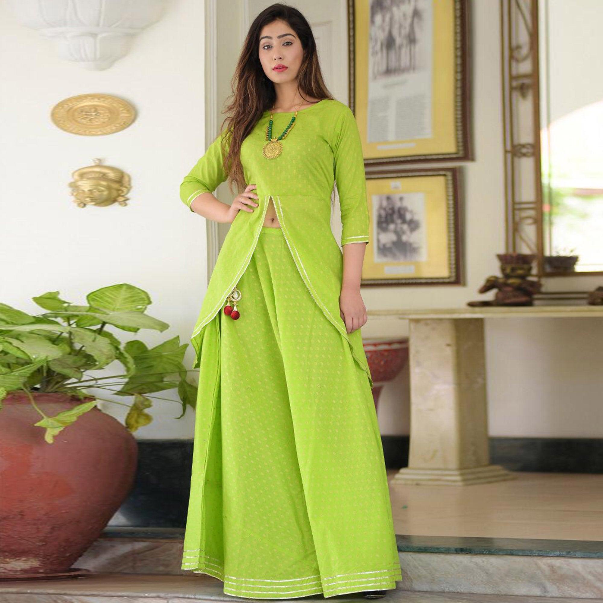 Green Meenakari Woven Pure Cotton Kurti With Skirt - Peachmode