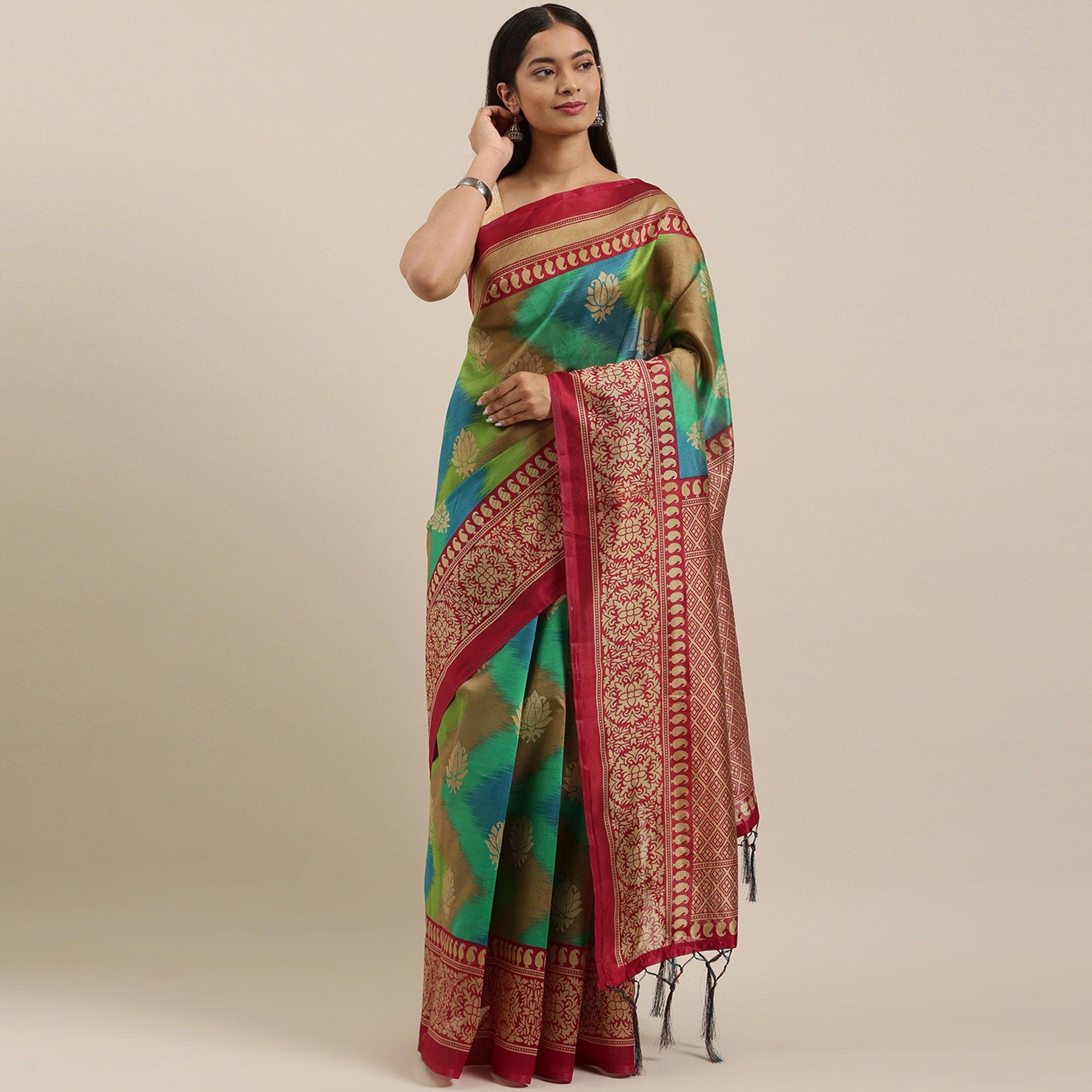 Green - Multi Color Festive Wear Woven Art Silk Saree With Tassels - Peachmode