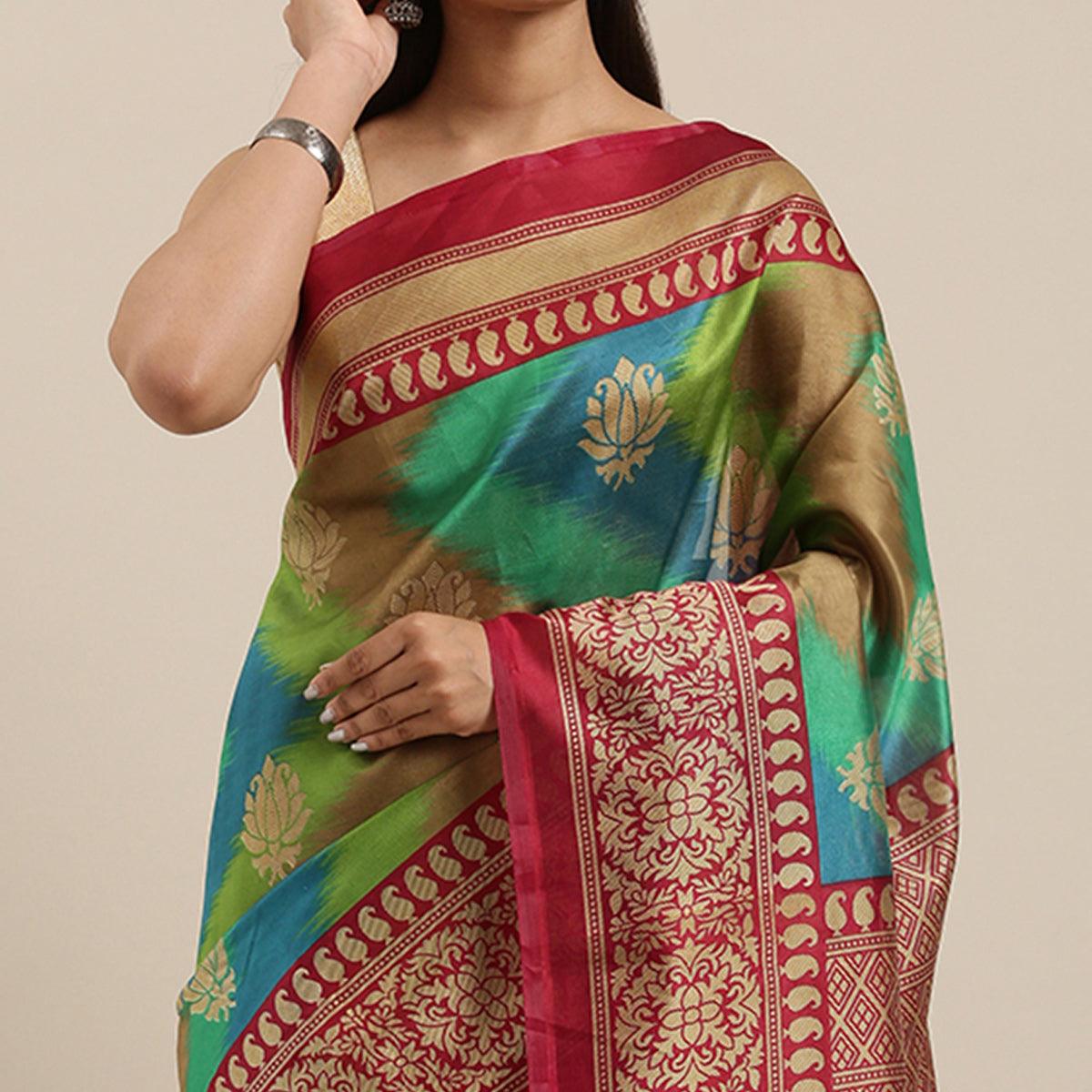Green - Multi Color Festive Wear Woven Art Silk Saree With Tassels - Peachmode