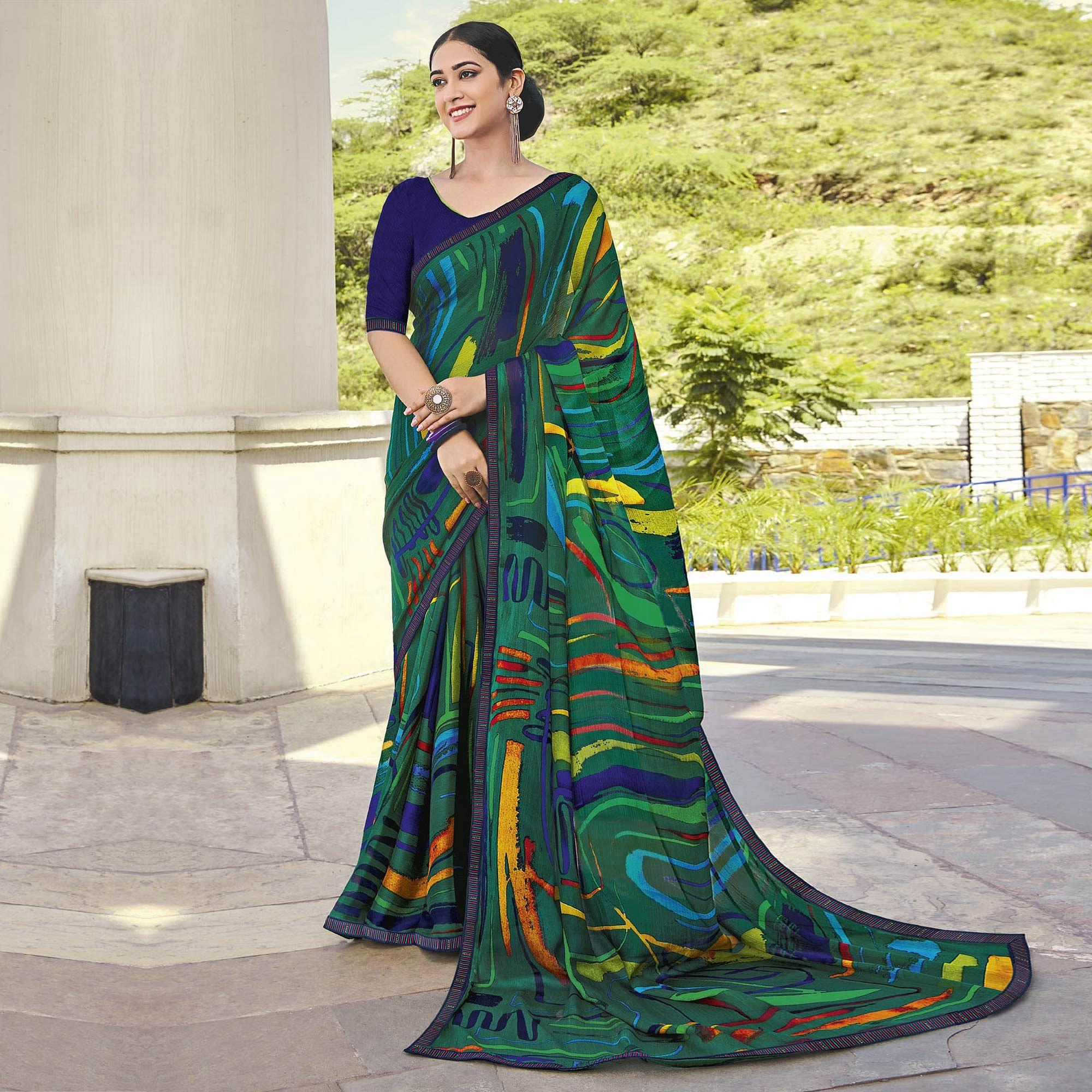 Green - Multicolored Partywear Printed Chiffon Saree - Peachmode