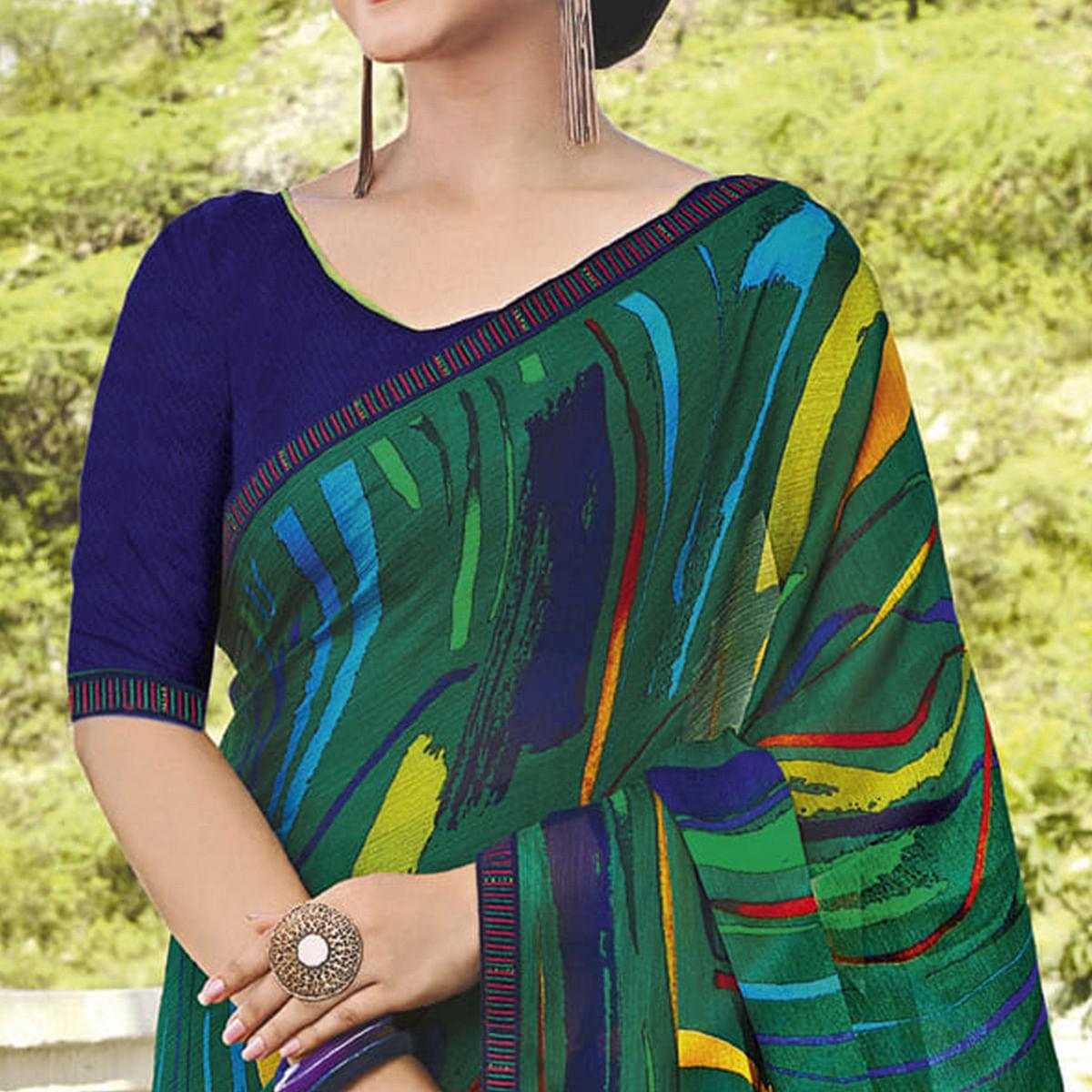 Green - Multicolored Partywear Printed Chiffon Saree - Peachmode