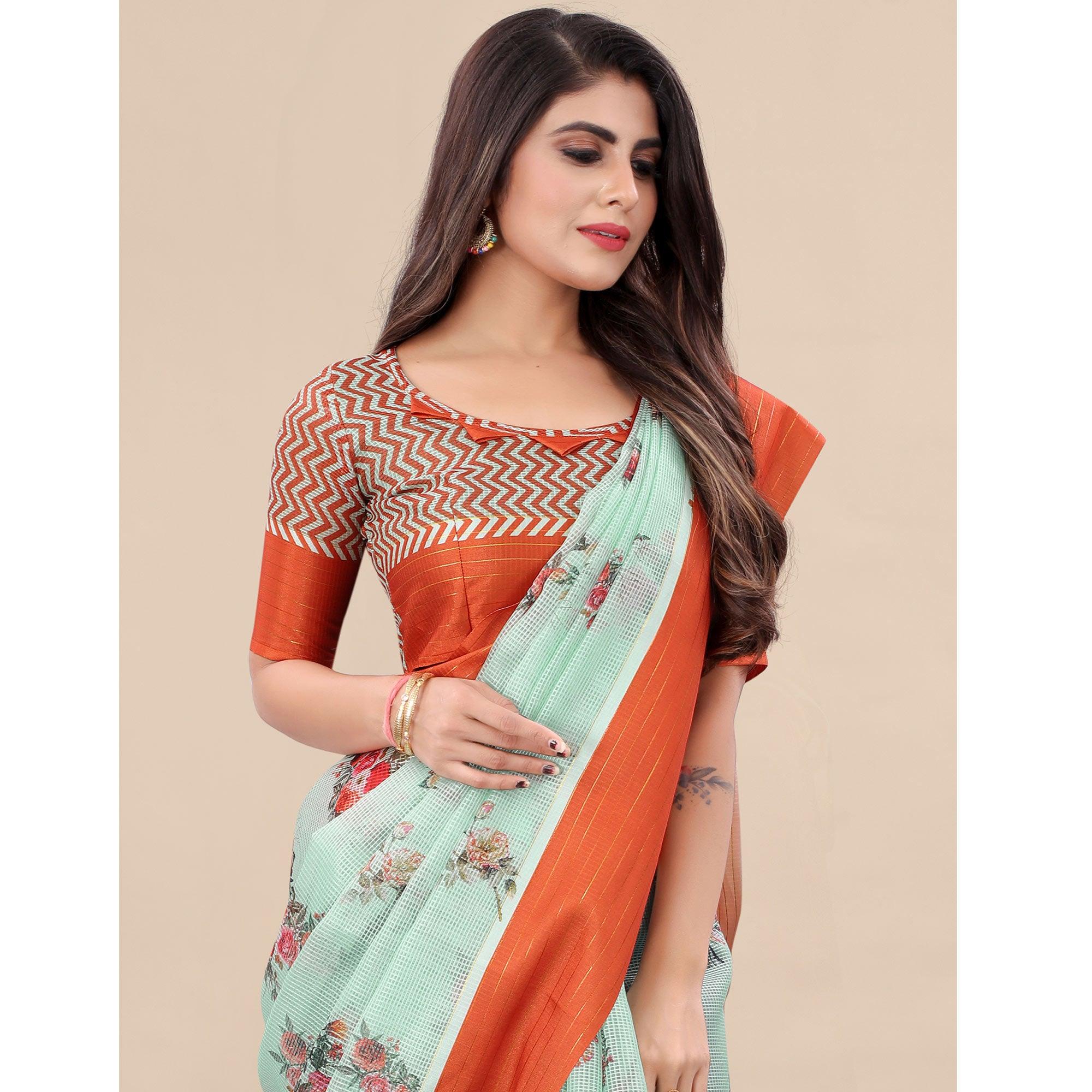 Green - Orange Casual Wear Floral Digital Printed Silk Saree With Woven Border - Peachmode