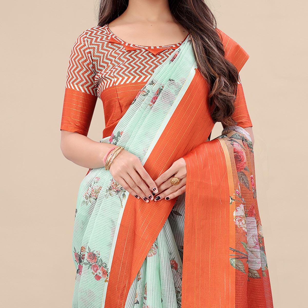 Green - Orange Casual Wear Floral Digital Printed Silk Saree With Woven Border - Peachmode
