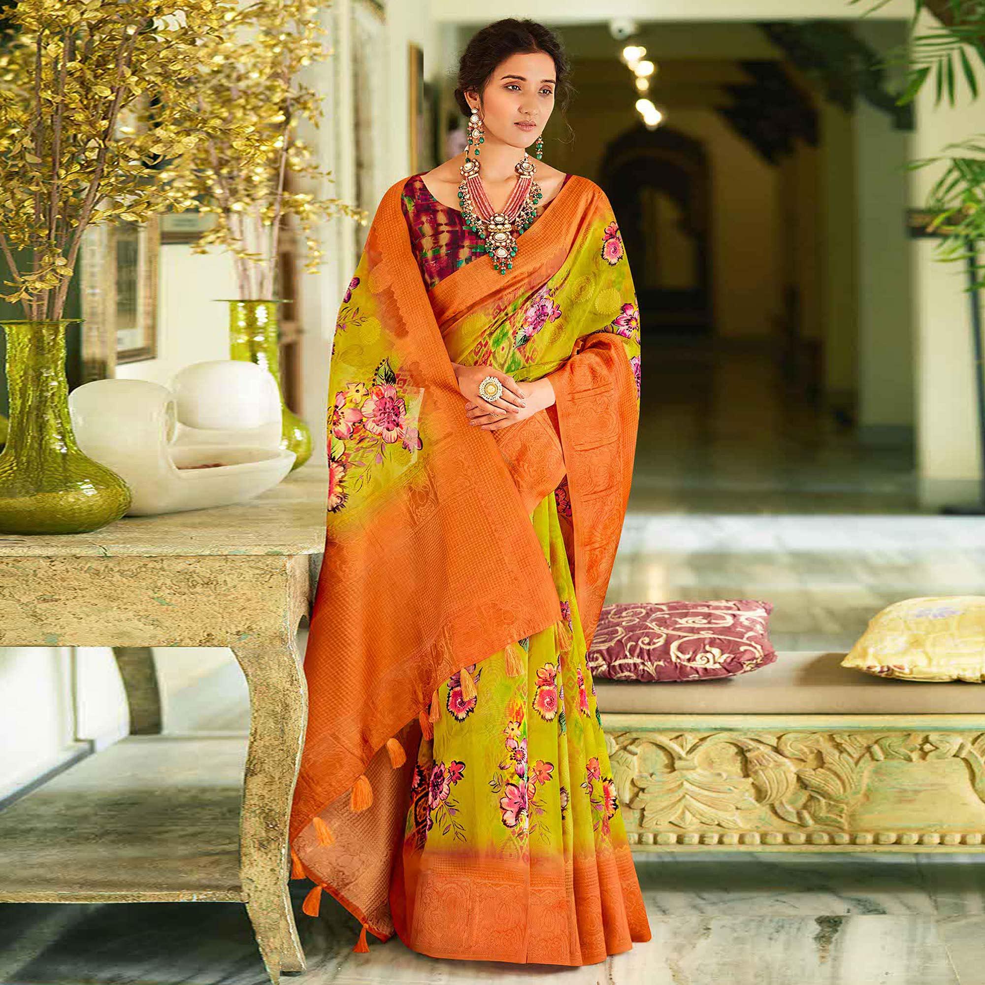 Green - Orange Casual Wear Printed Soft Cotton Saree - Peachmode