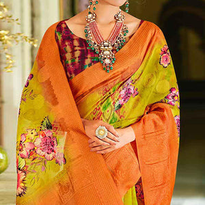 Green - Orange Casual Wear Printed Soft Cotton Saree - Peachmode