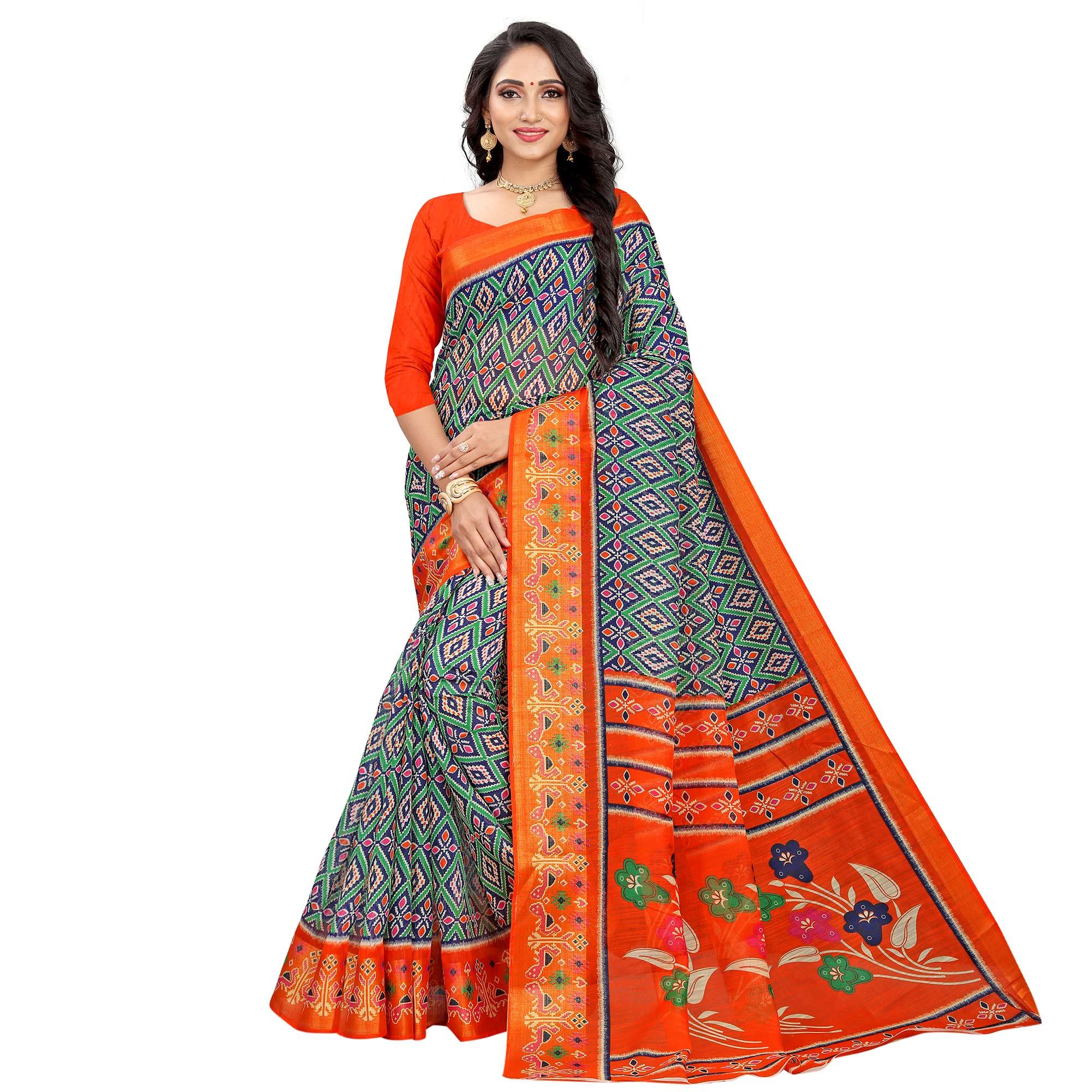 Green-Orange Festive Wear Floral Printed Cotton linen Saree - Peachmode