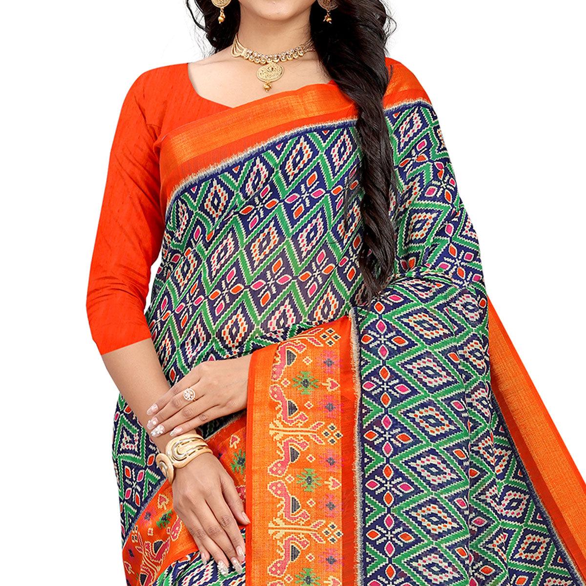 Green-Orange Festive Wear Floral Printed Cotton linen Saree - Peachmode