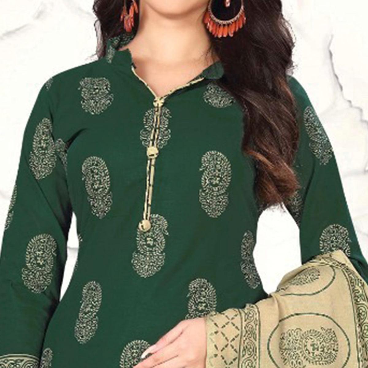 Green Paisley Printed Cotton Blend Dress Material - Peachmode