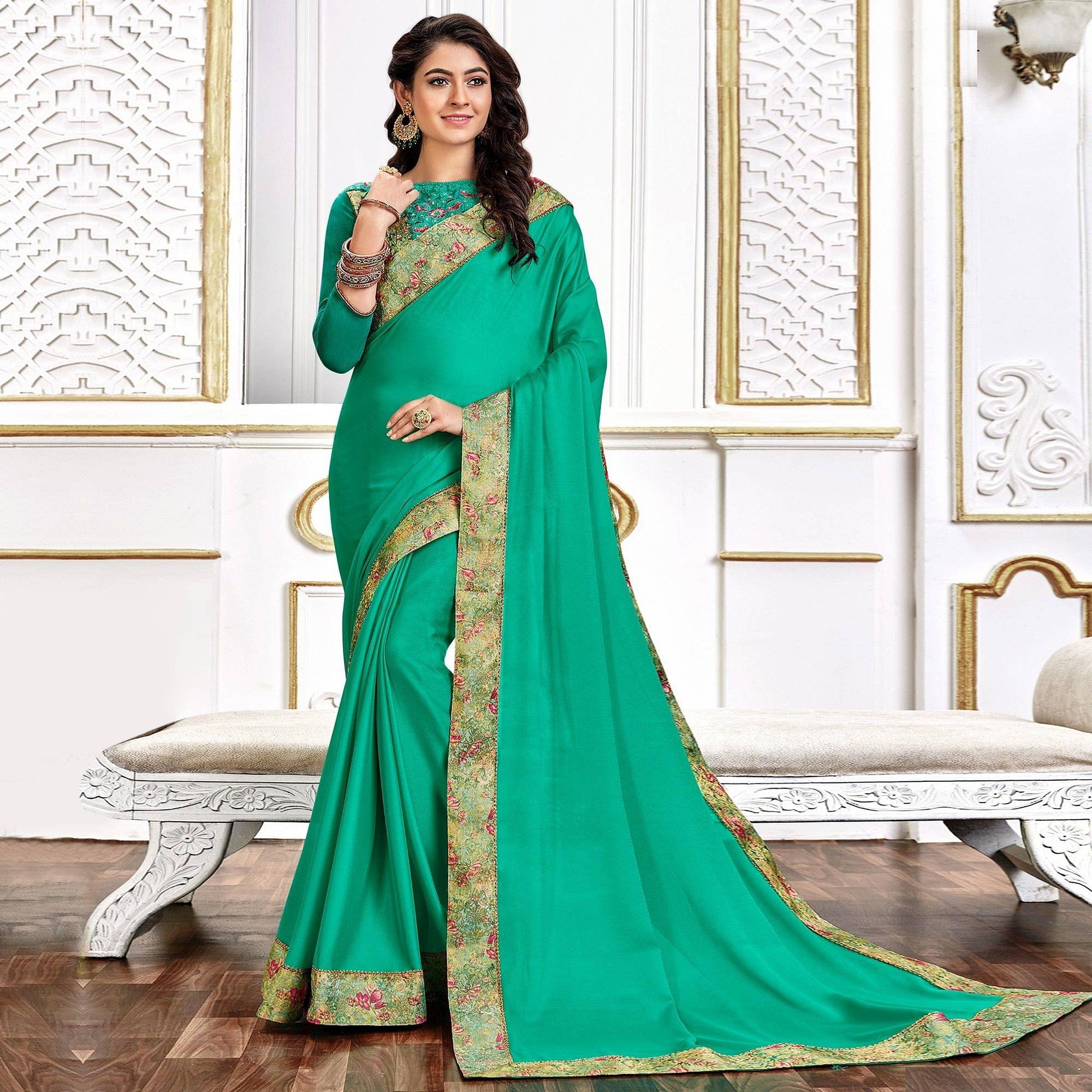 Green Party Wear Border Work Silk Saree - Peachmode