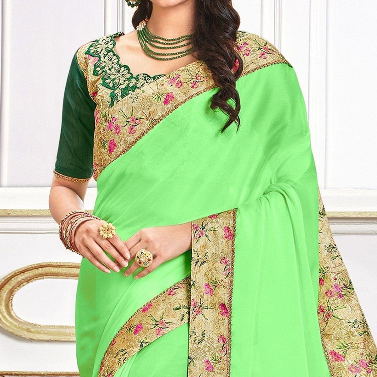 Green Party Wear Border Work Silk Saree - Peachmode