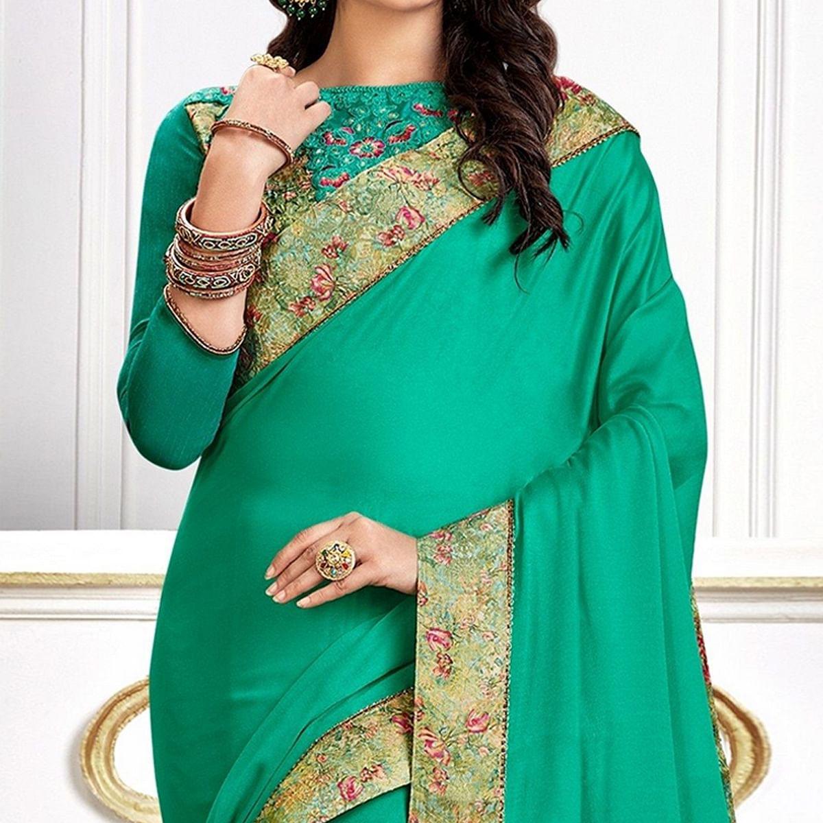 Green Party Wear Border Work Silk Saree - Peachmode