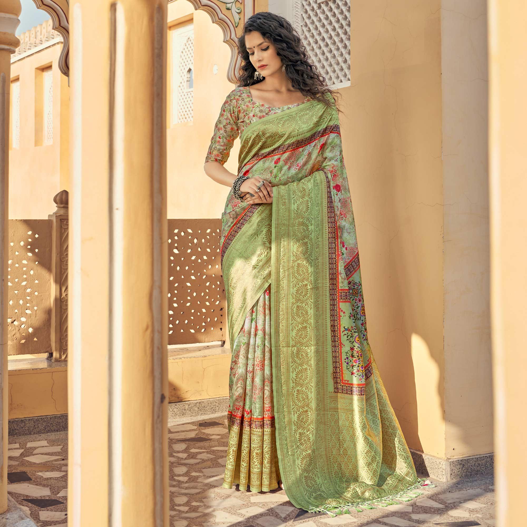 Green Party Wear Digital Print Art Silk Saree With Tassels - Peachmode