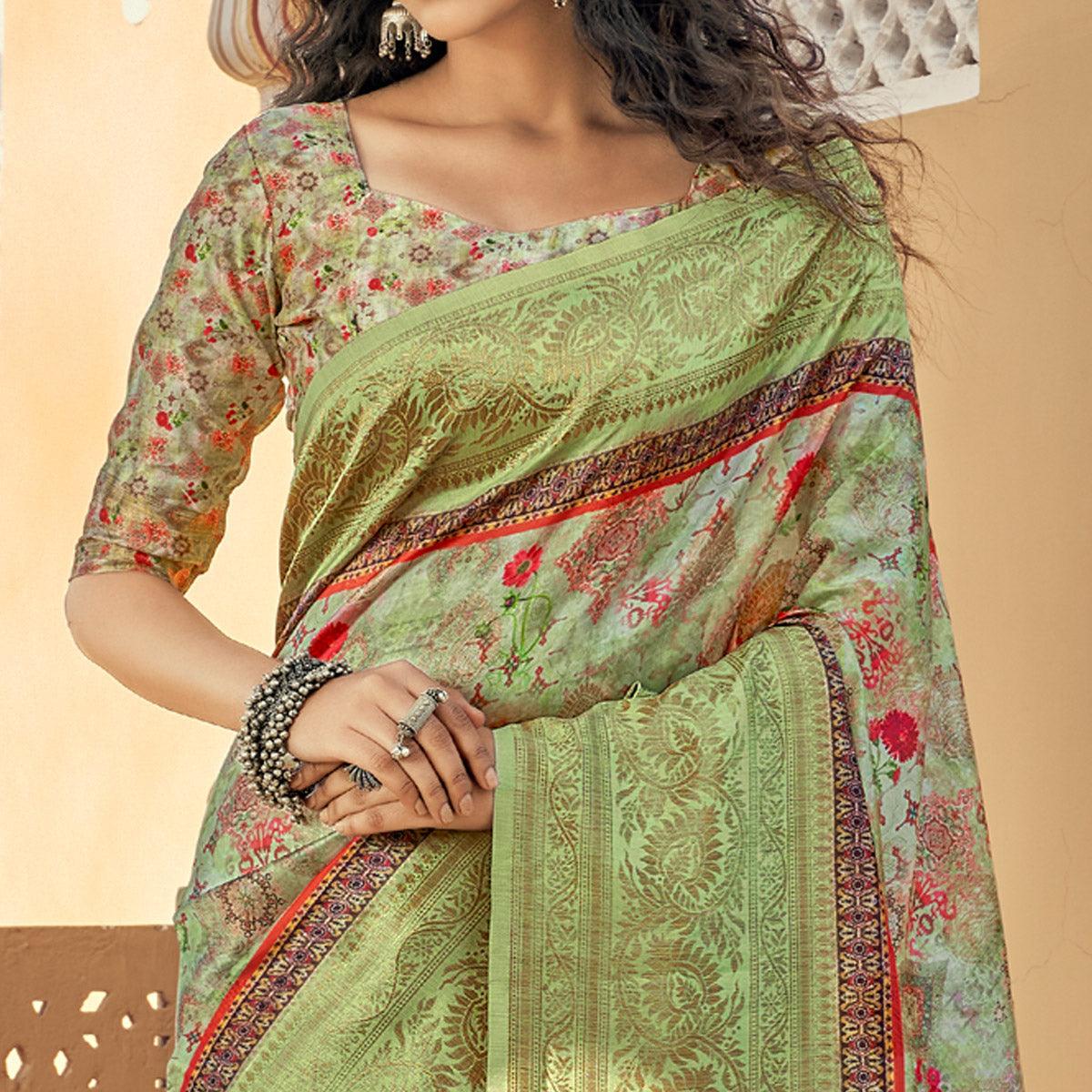 Green Party Wear Digital Print Art Silk Saree With Tassels - Peachmode