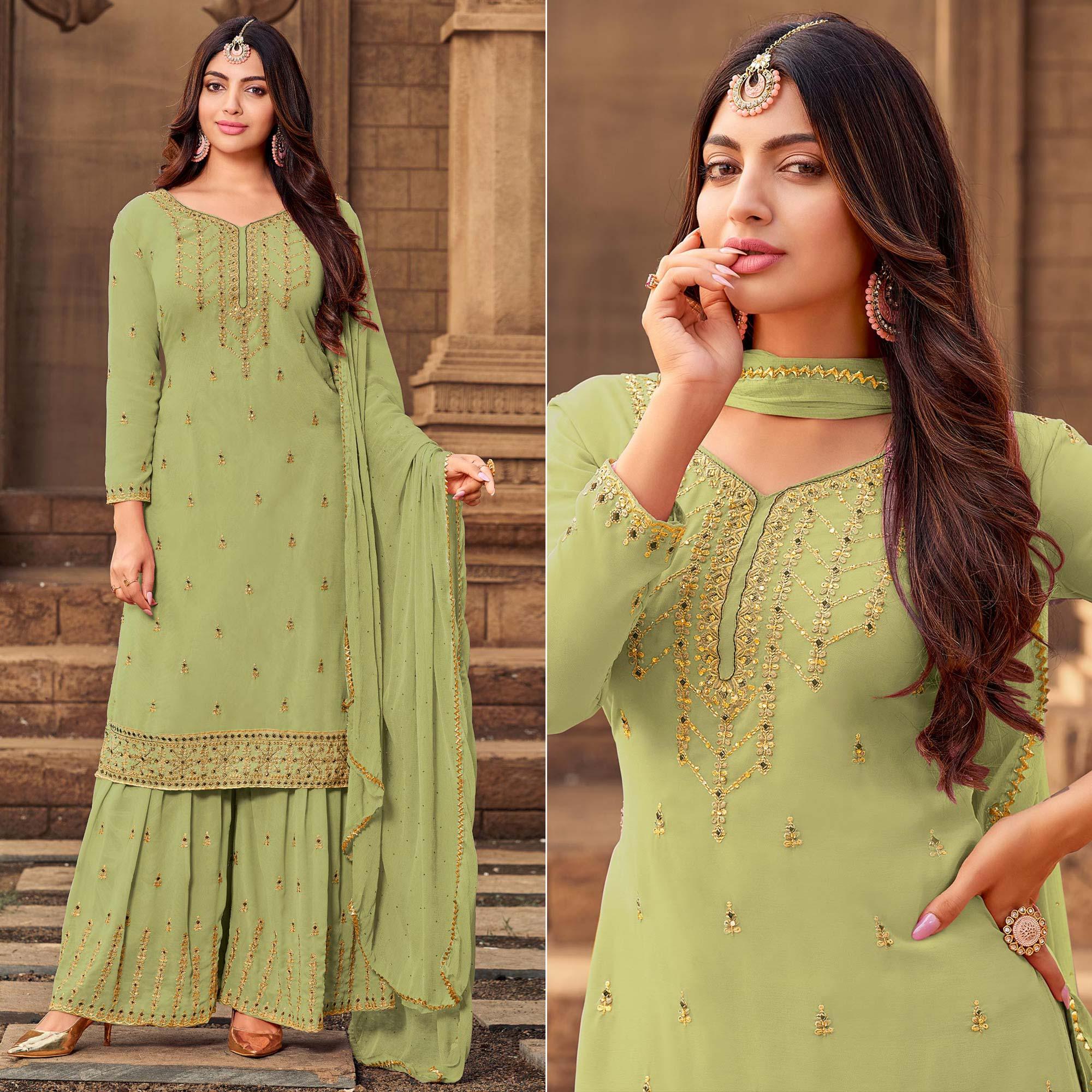 Green Party Wear Embroidered & Embellished Georgette Palazzo Suit - Peachmode