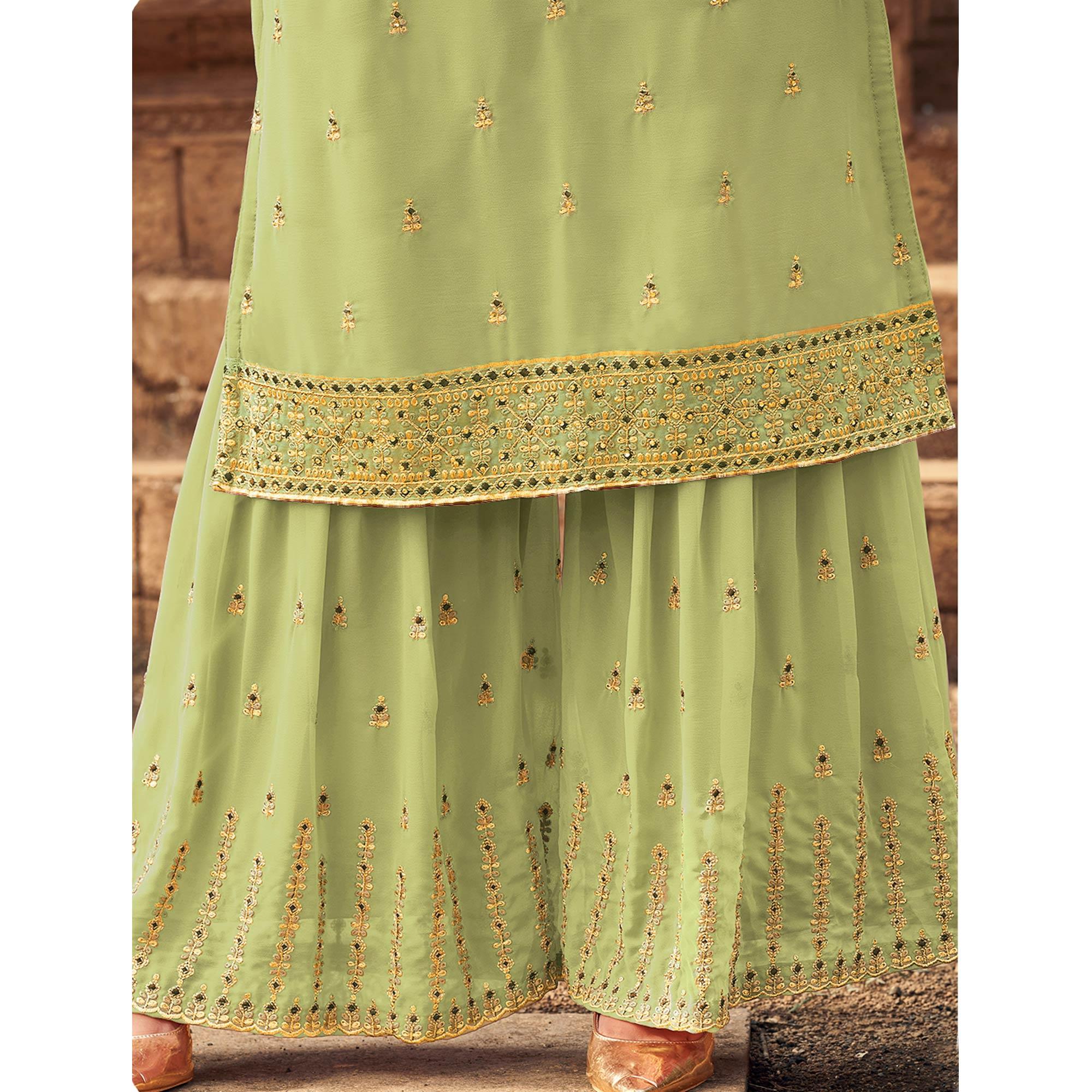 Green Party Wear Embroidered & Embellished Georgette Palazzo Suit - Peachmode