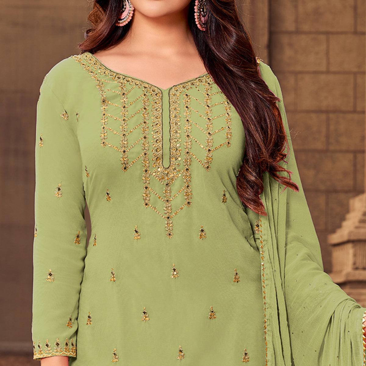 Green Party Wear Embroidered & Embellished Georgette Palazzo Suit - Peachmode