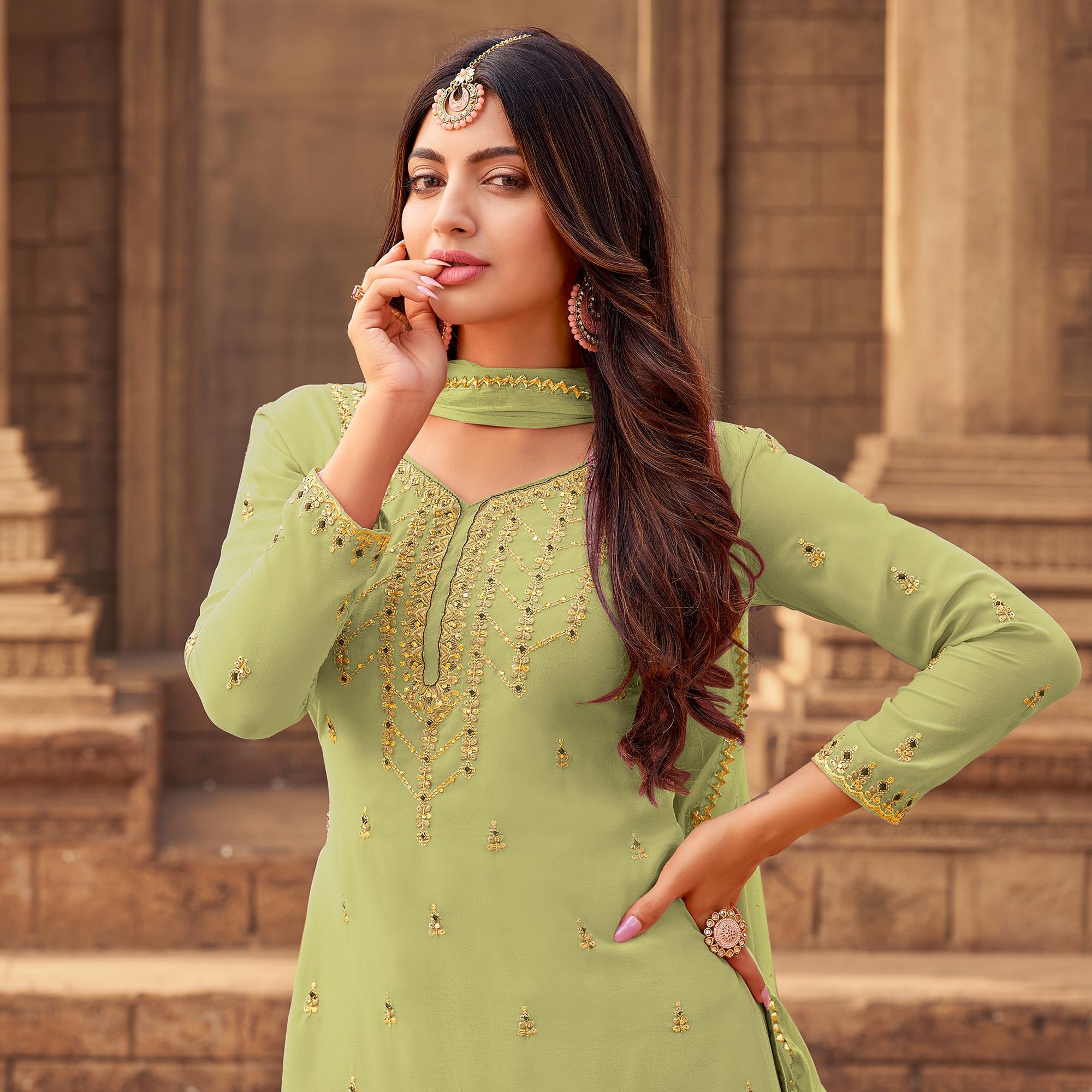 Green Party Wear Embroidered & Embellished Georgette Palazzo Suit - Peachmode