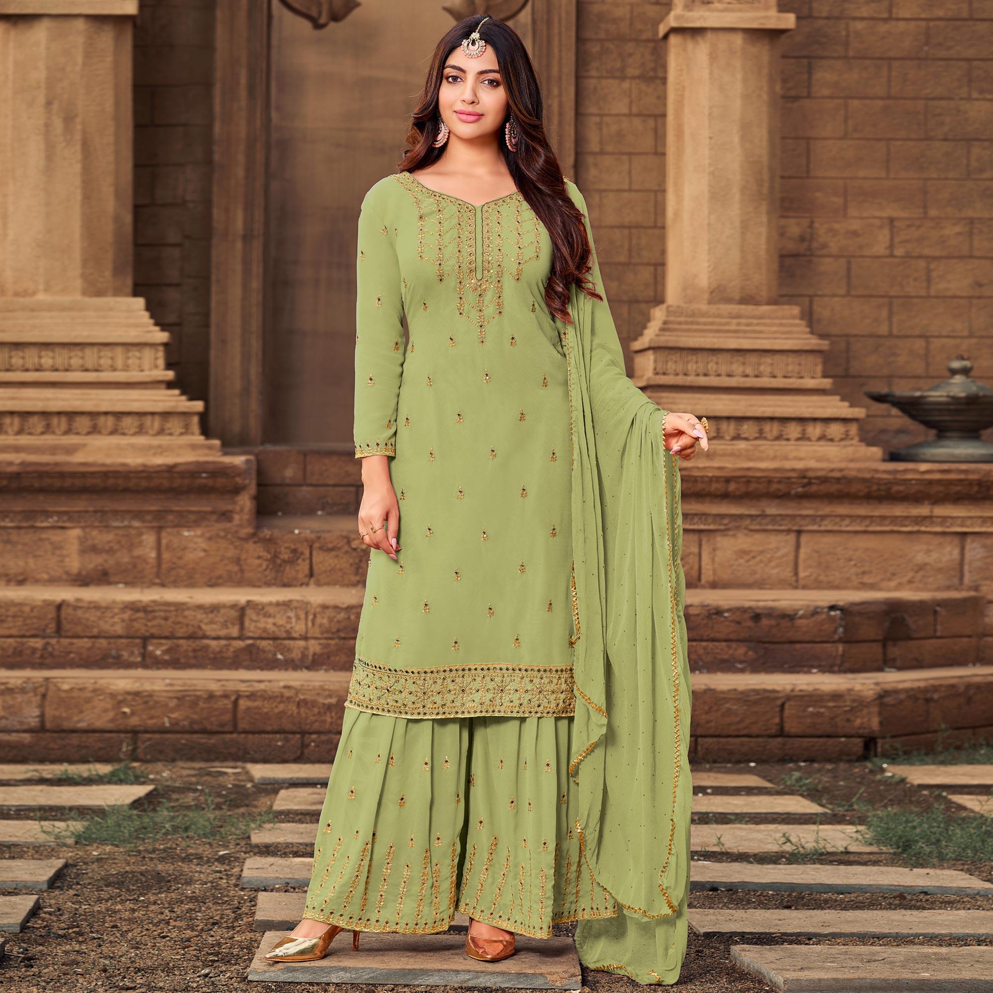 Green Party Wear Embroidered & Embellished Georgette Palazzo Suit - Peachmode