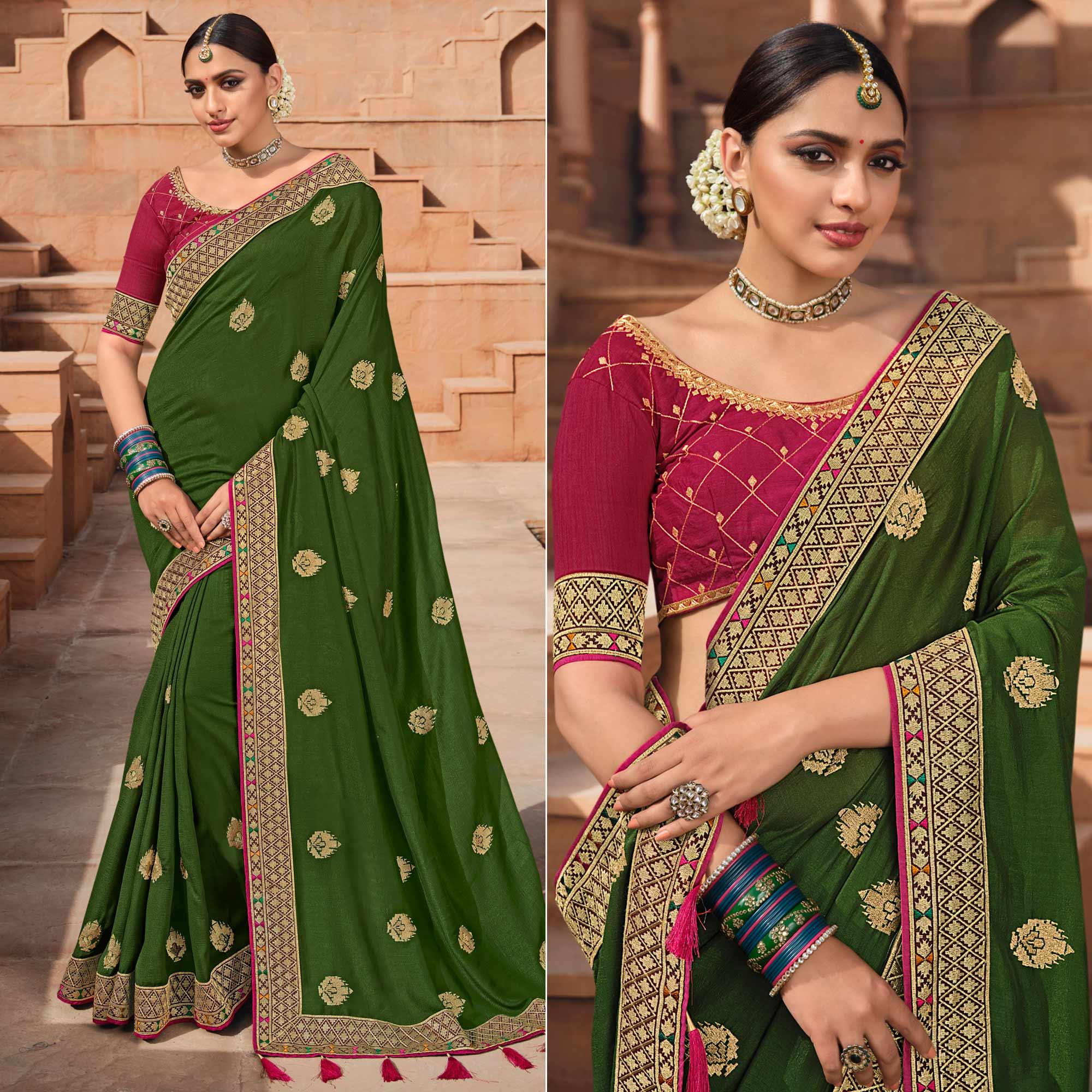 Green Party Wear Embroidered Art Silk Saree - Peachmode