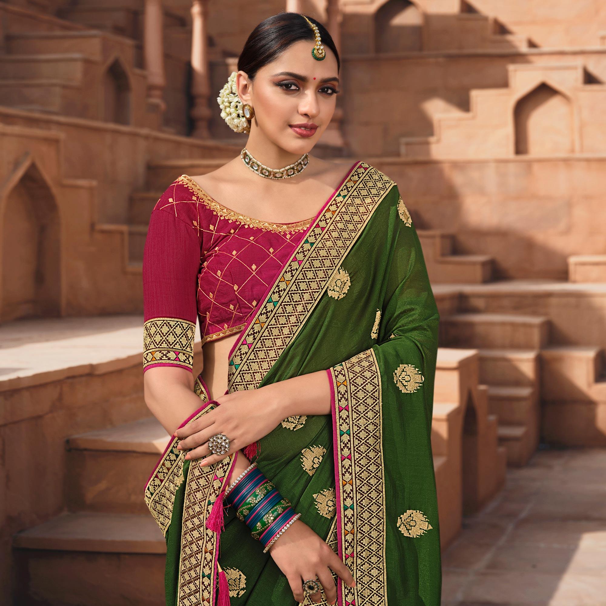 Green Party Wear Embroidered Art Silk Saree - Peachmode