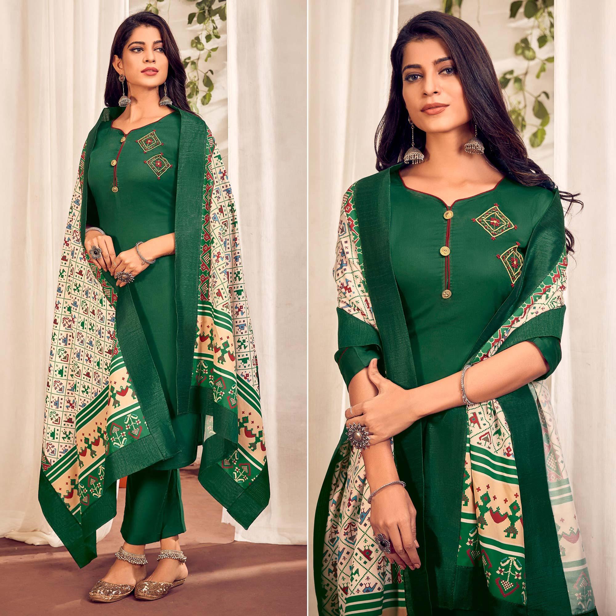 Green Party Wear Embroidered Cotton Kurti Pant Set With Dupatta - Peachmode
