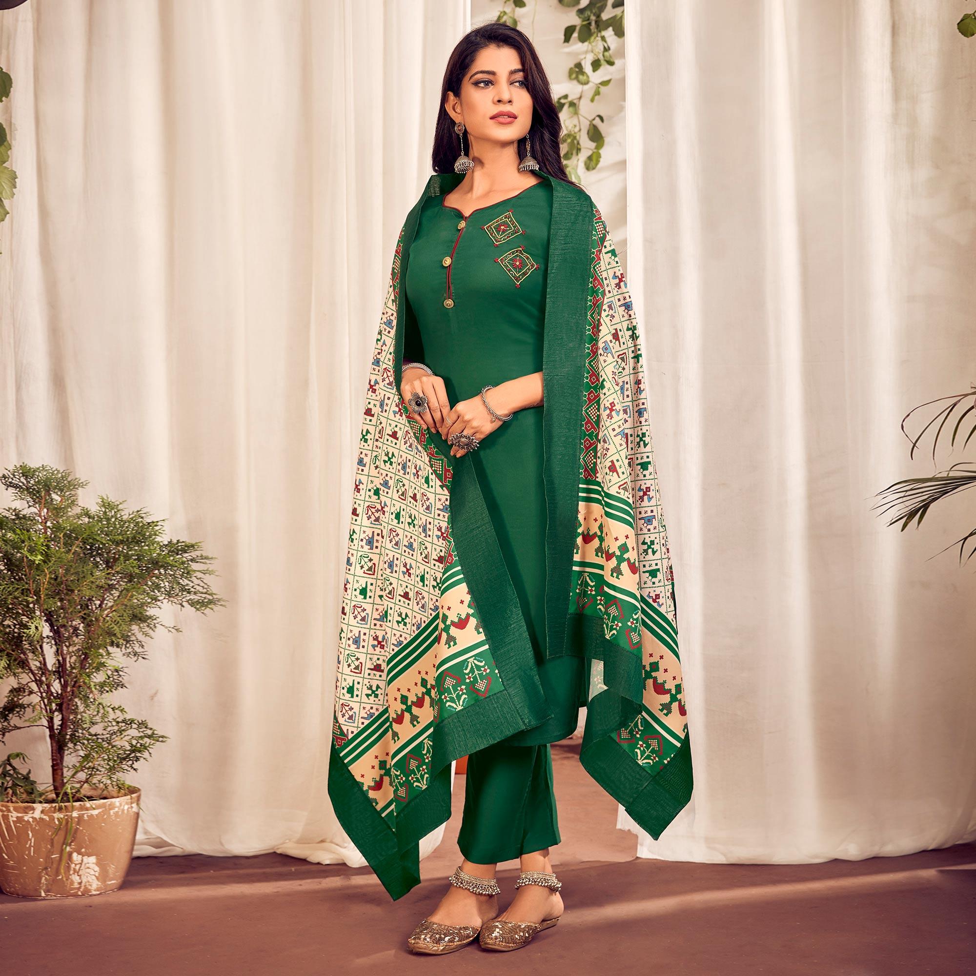 Green Party Wear Embroidered Cotton Kurti Pant Set With Dupatta - Peachmode