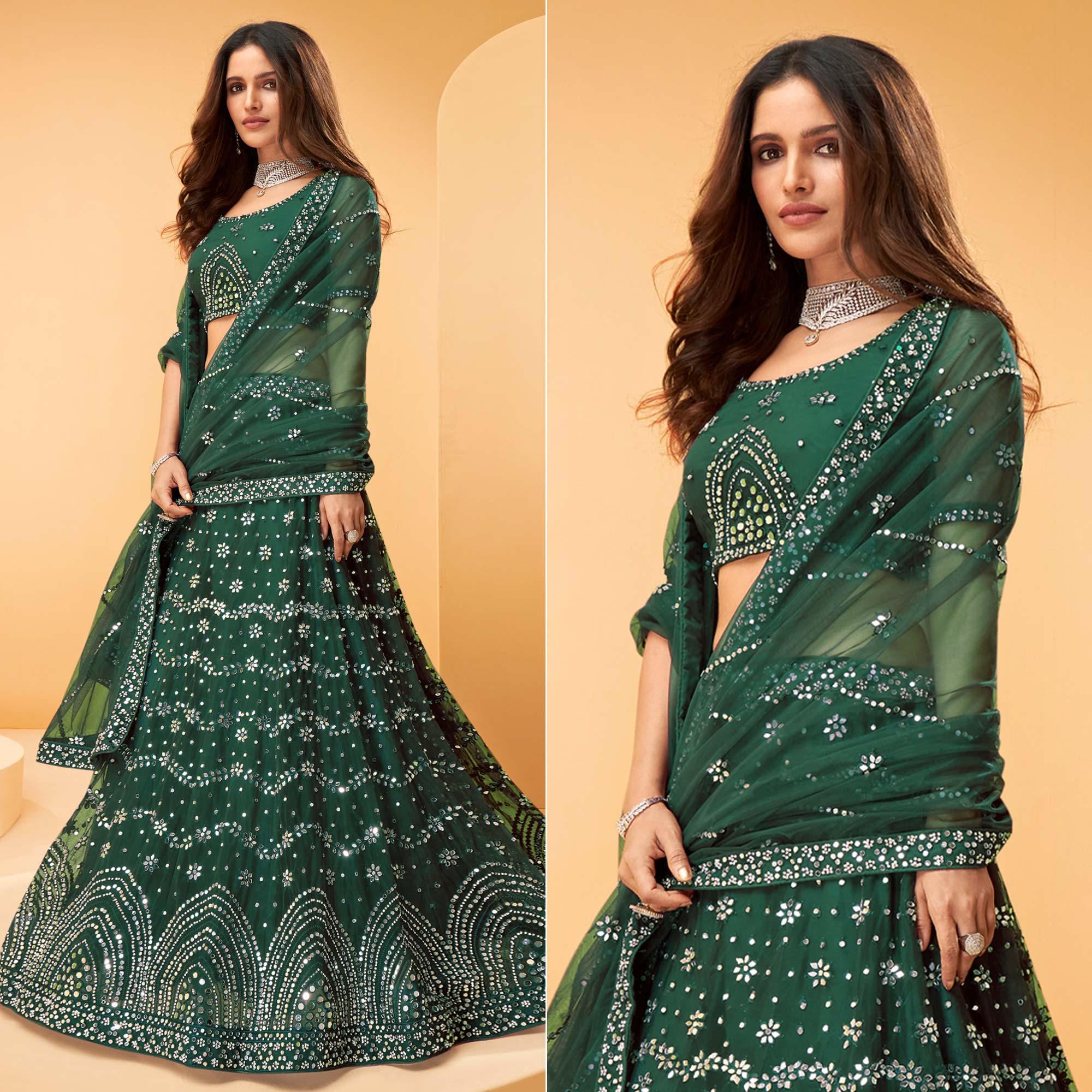 Green Party Wear Embroidered-Embellished Netted Lehenga Choli - Peachmode
