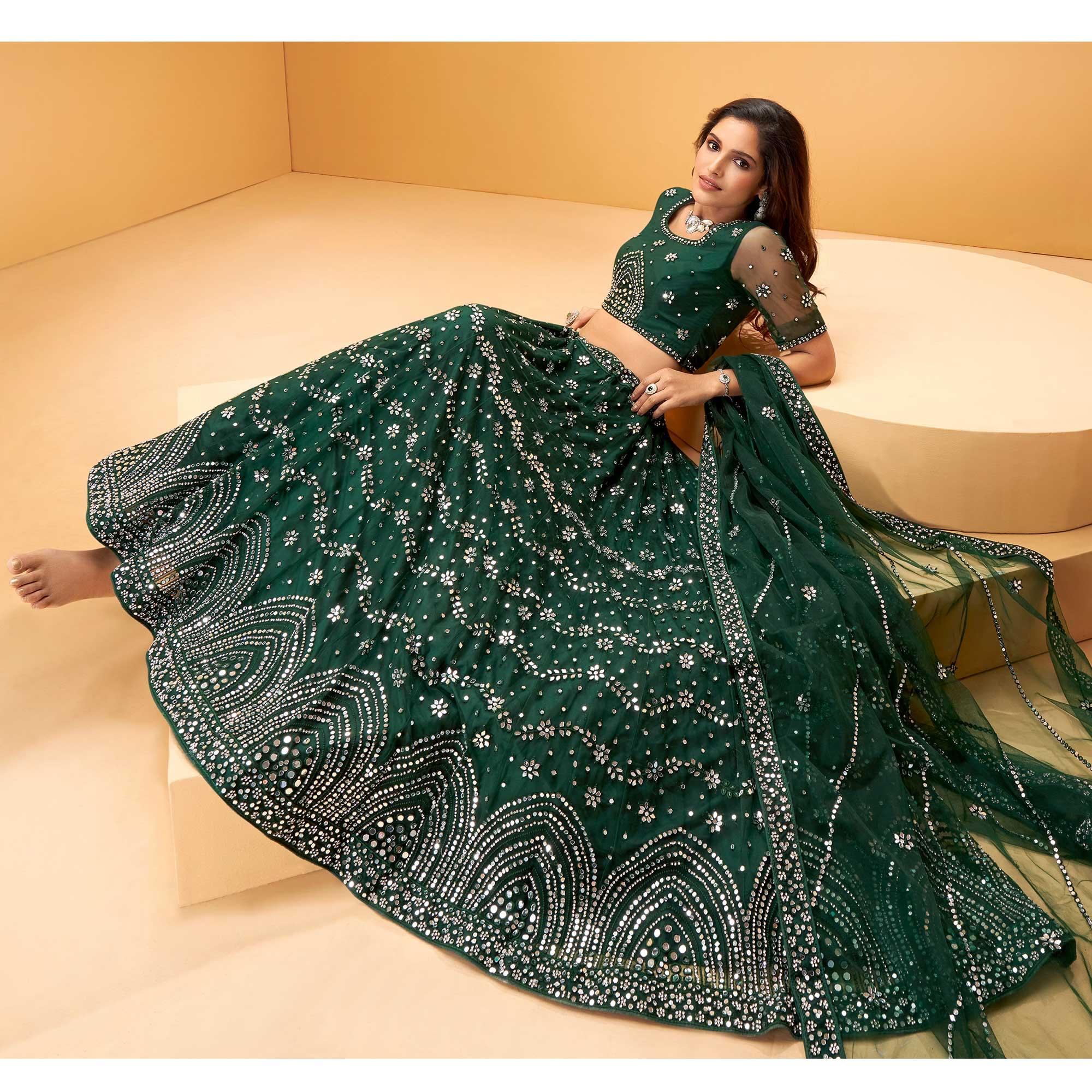 Green Party Wear Embroidered-Embellished Netted Lehenga Choli - Peachmode