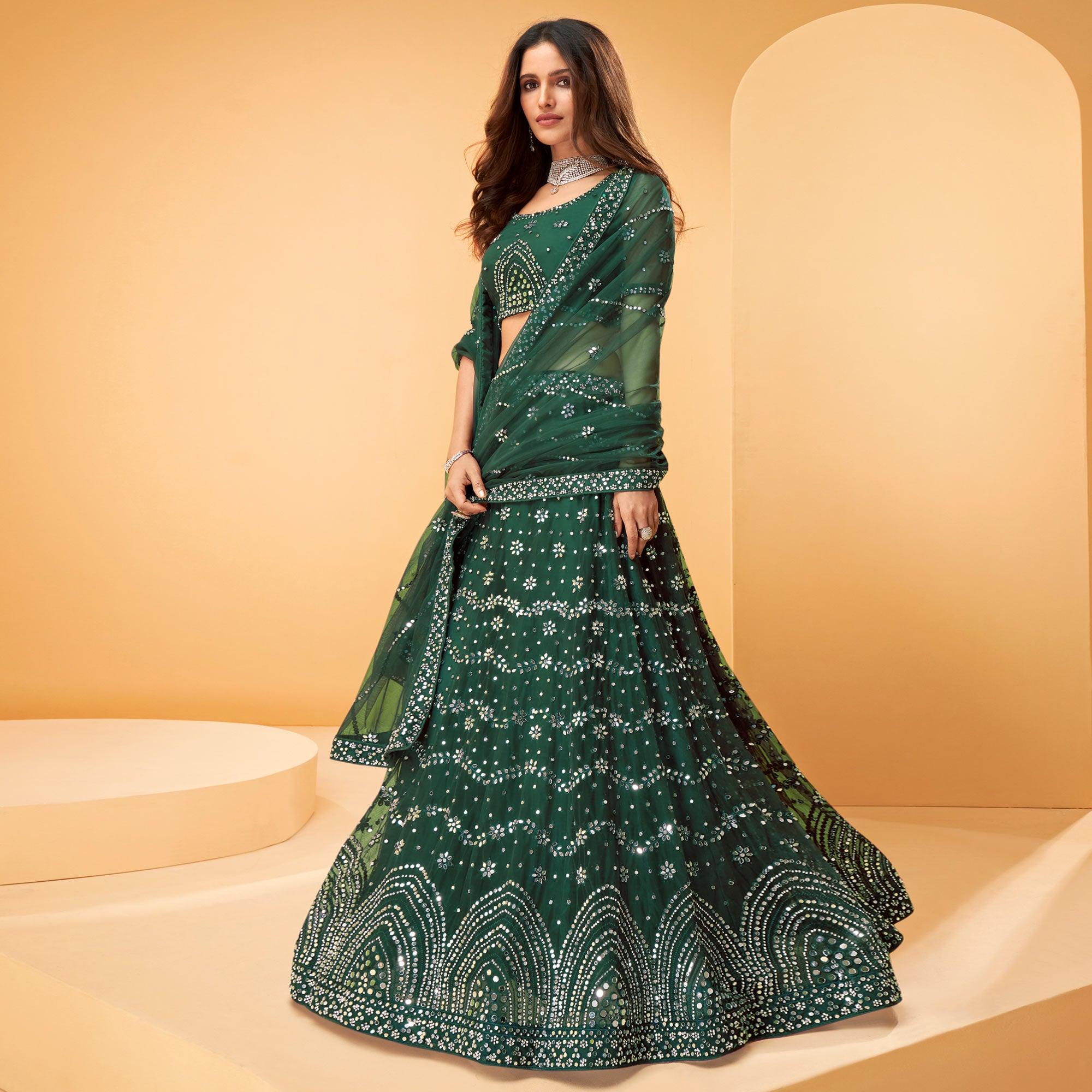 Green Party Wear Embroidered-Embellished Netted Lehenga Choli - Peachmode