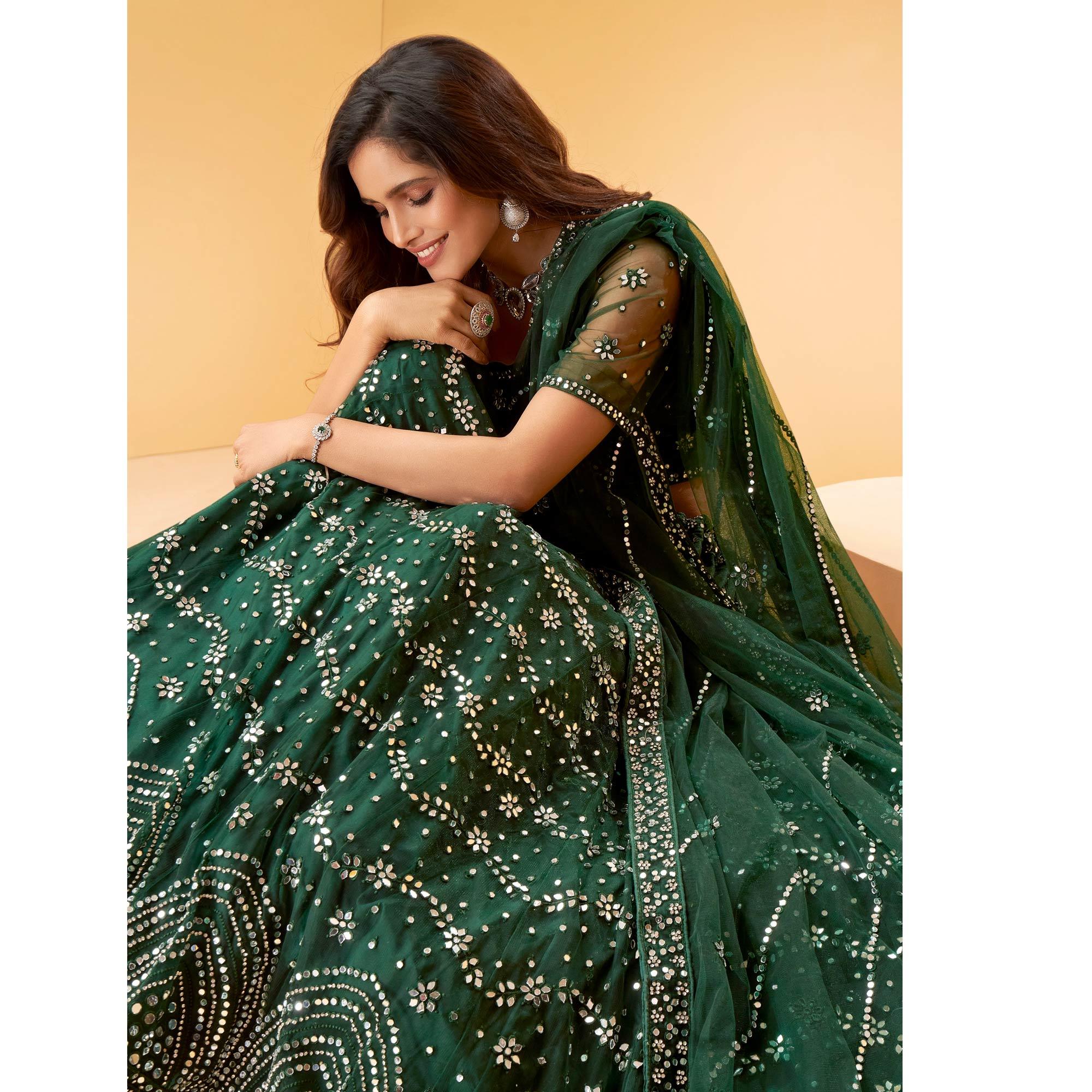 Green Party Wear Embroidered-Embellished Netted Lehenga Choli - Peachmode