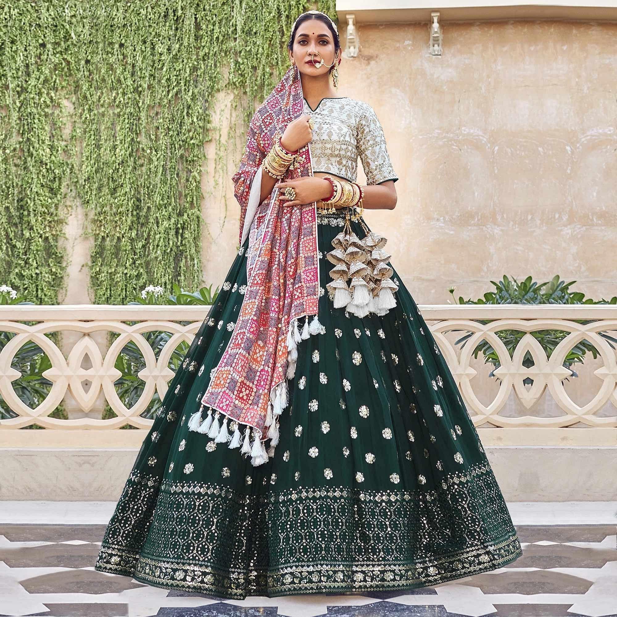 Green Party Wear Embroidered Georgette Lehenga Choli - Peachmode