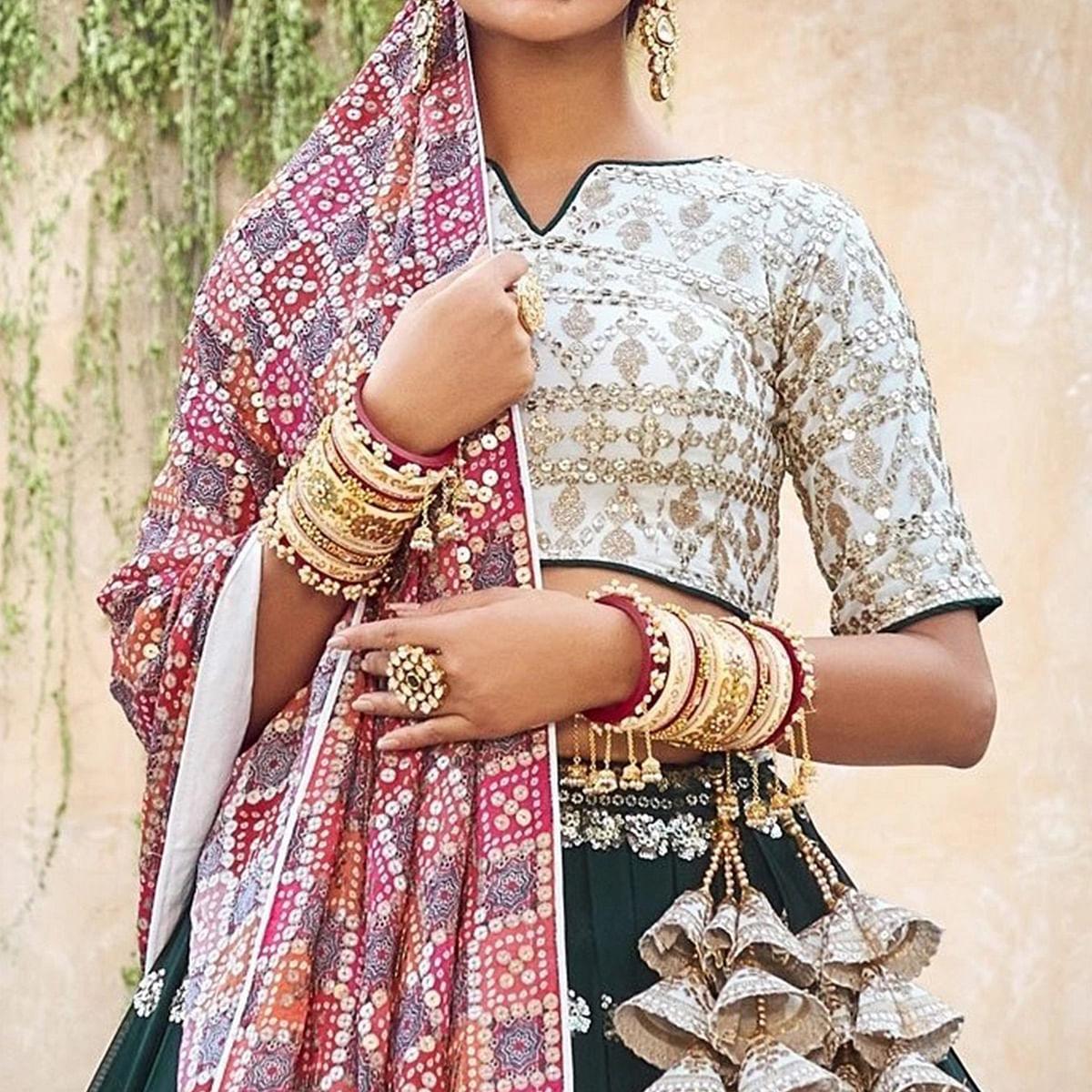 Green Party Wear Embroidered Georgette Lehenga Choli - Peachmode