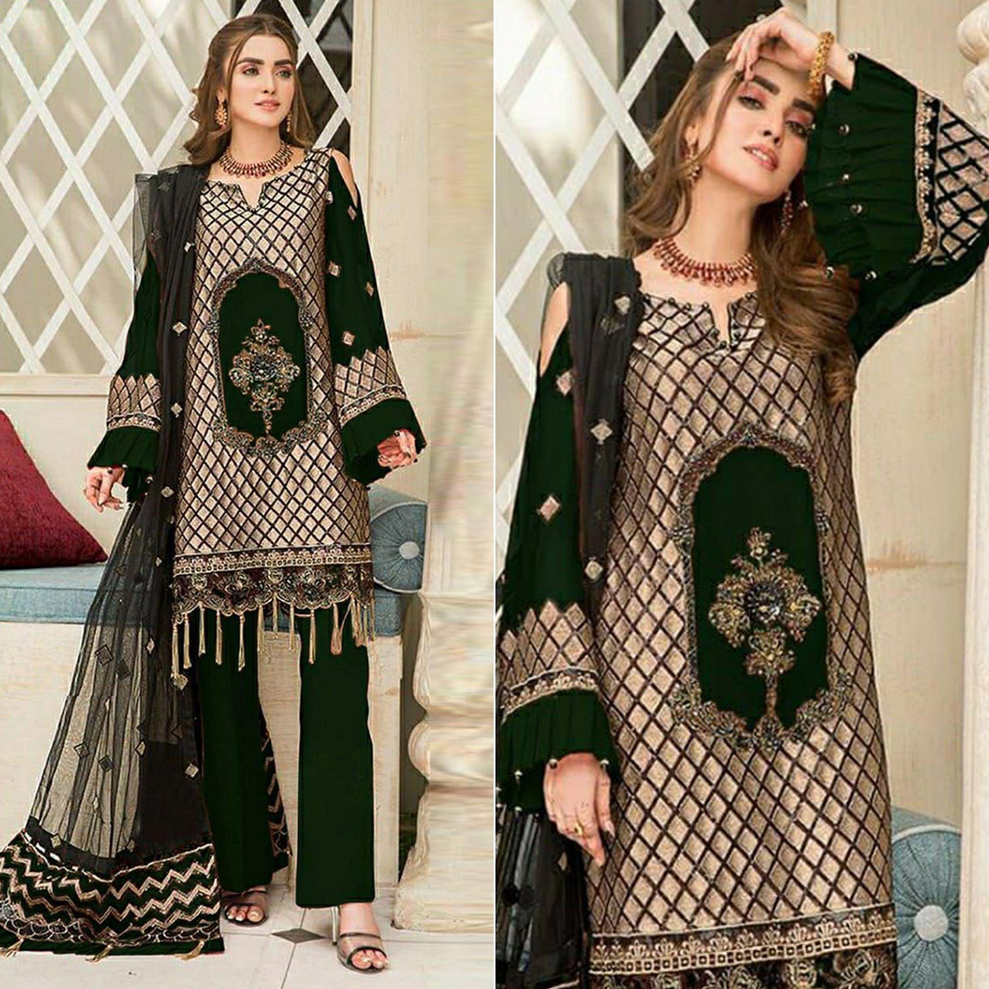 Green Party Wear Embroidered Georgette Pakistani Suit - Peachmode