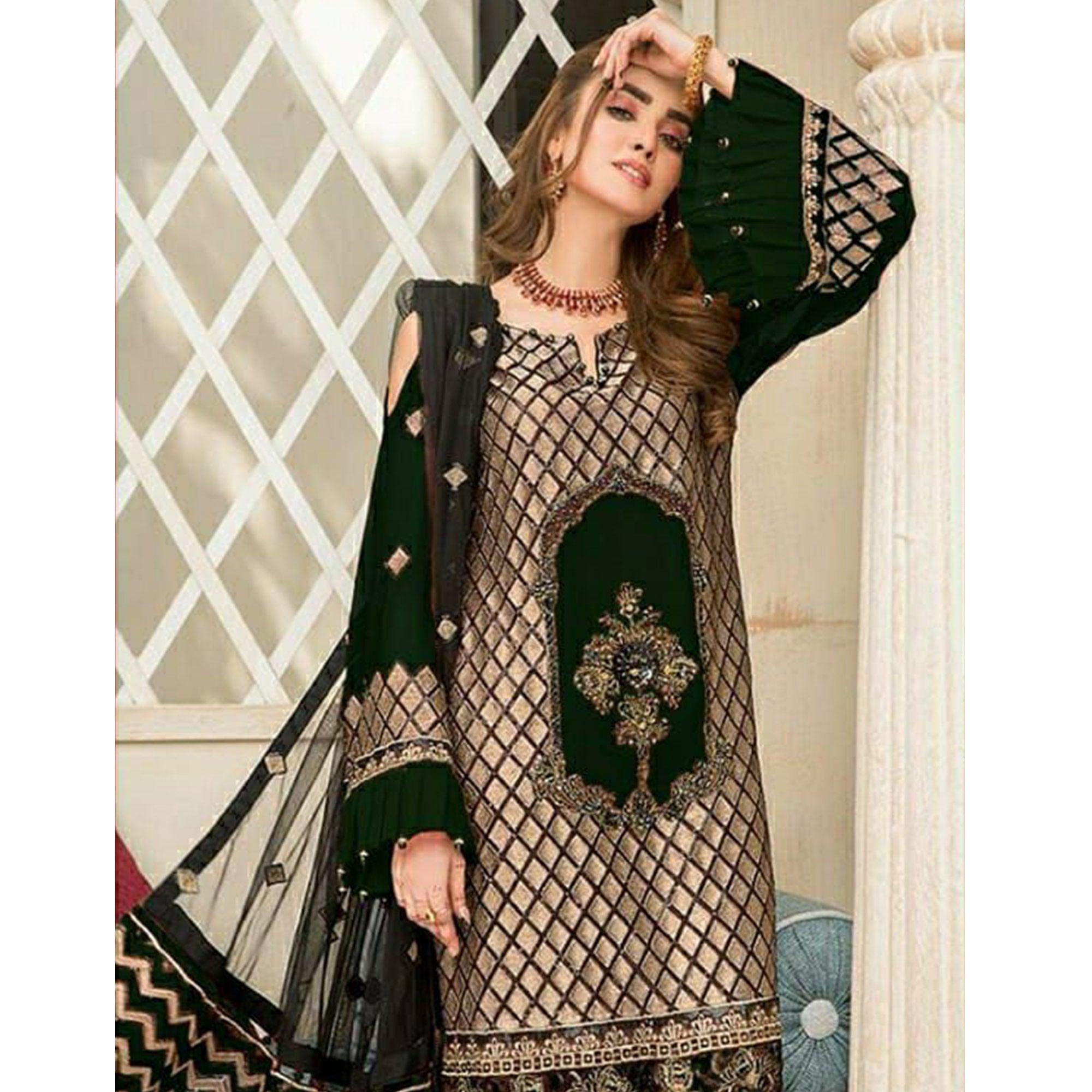 Green Party Wear Embroidered Georgette Pakistani Suit - Peachmode