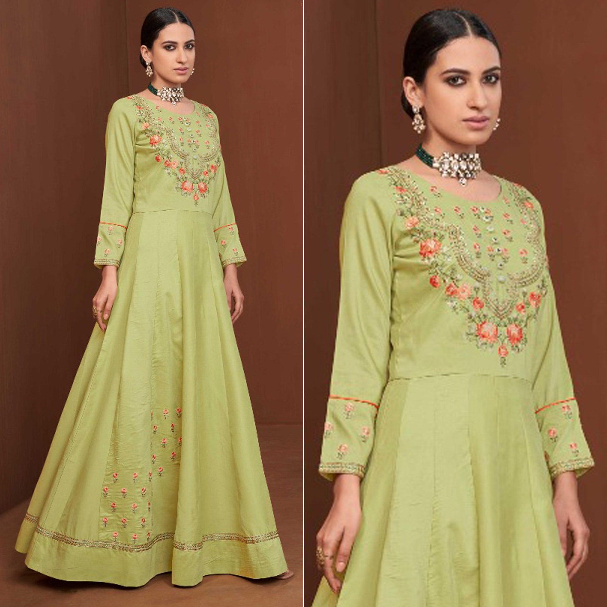 Green Party Wear Embroidered Muslin Cotton Silk Gown - Peachmode