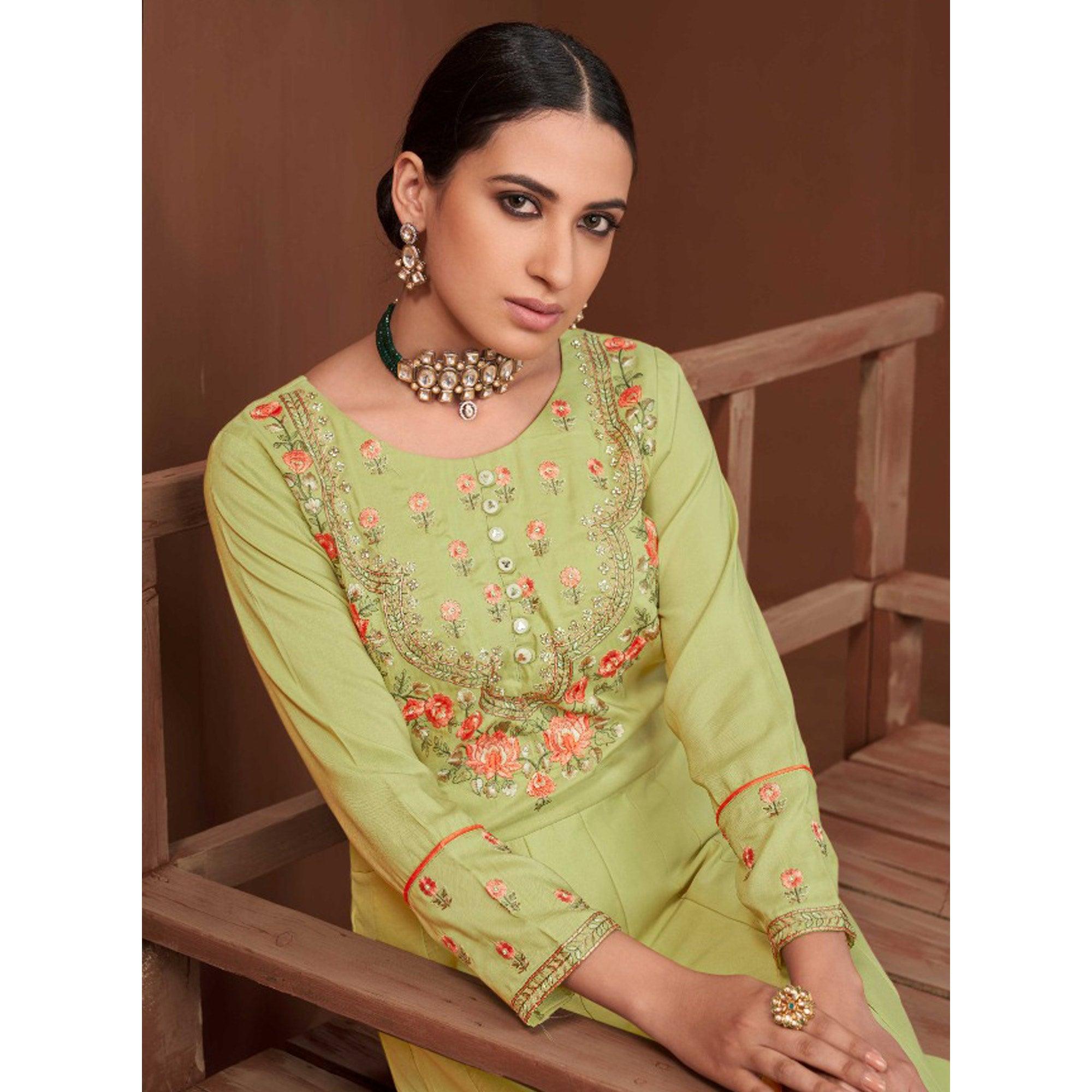 Green Party Wear Embroidered Muslin Cotton Silk Gown - Peachmode