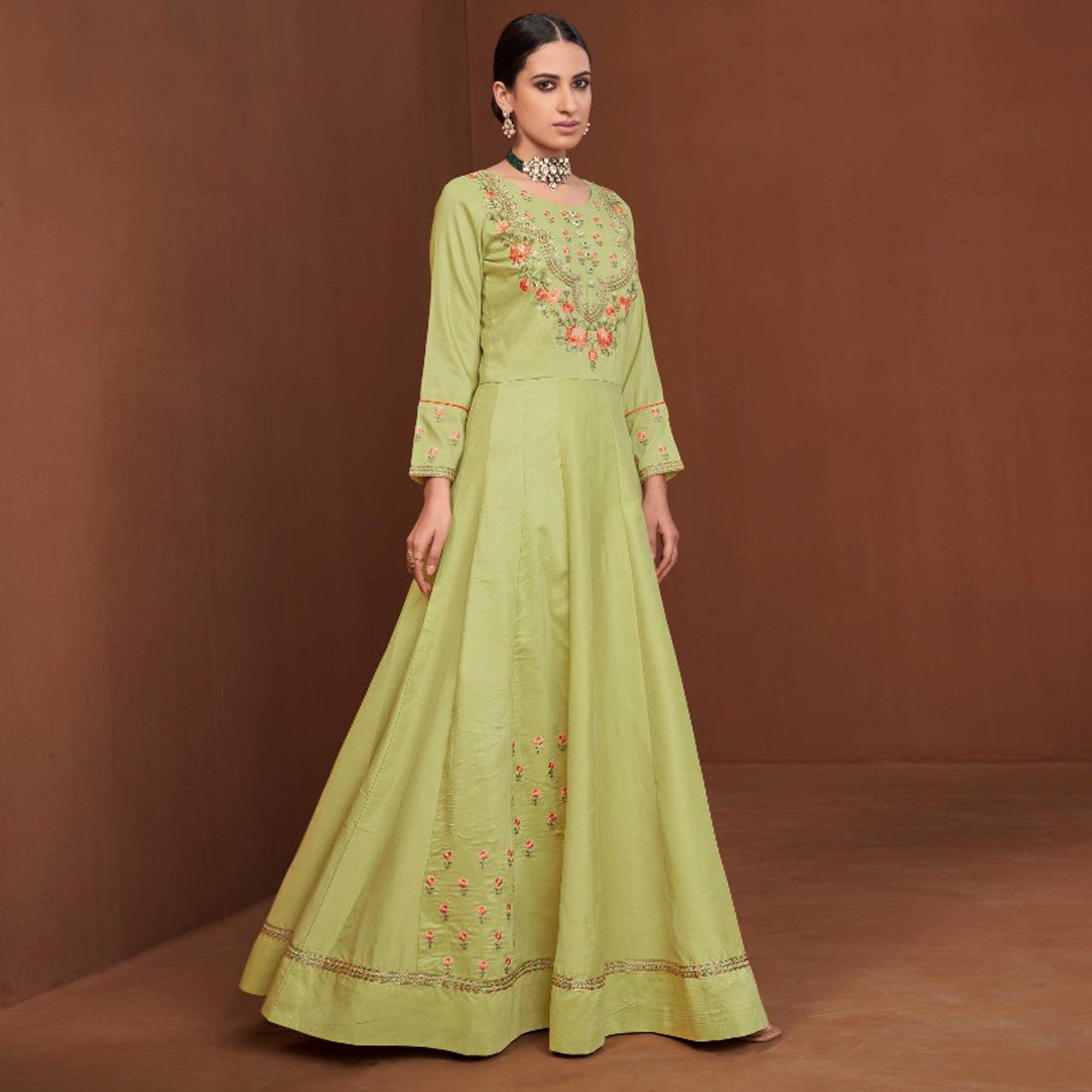 Green Party Wear Embroidered Muslin Cotton Silk Gown - Peachmode
