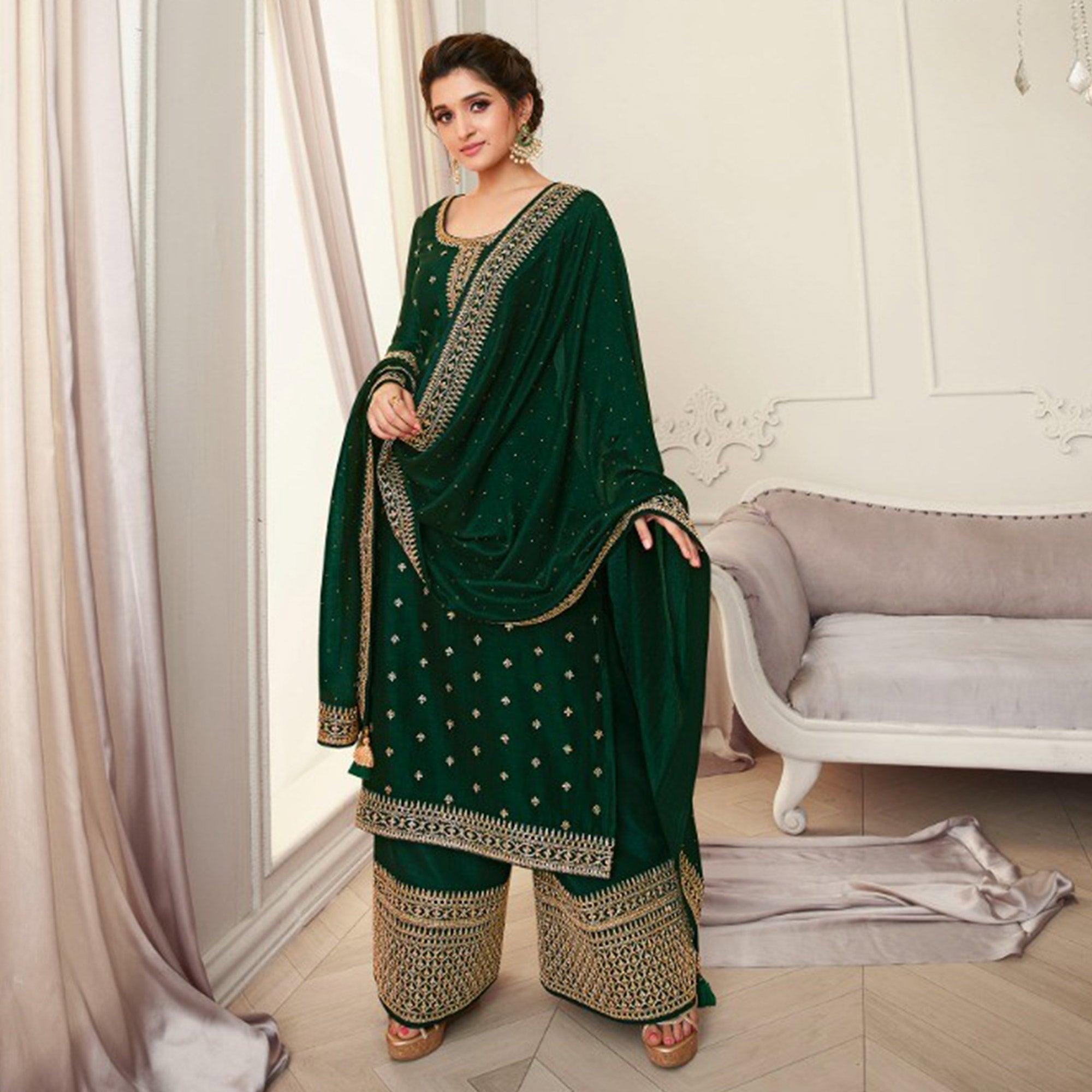 Green Party Wear Embroidered Silk Georgette Palazzo Suit - Peachmode