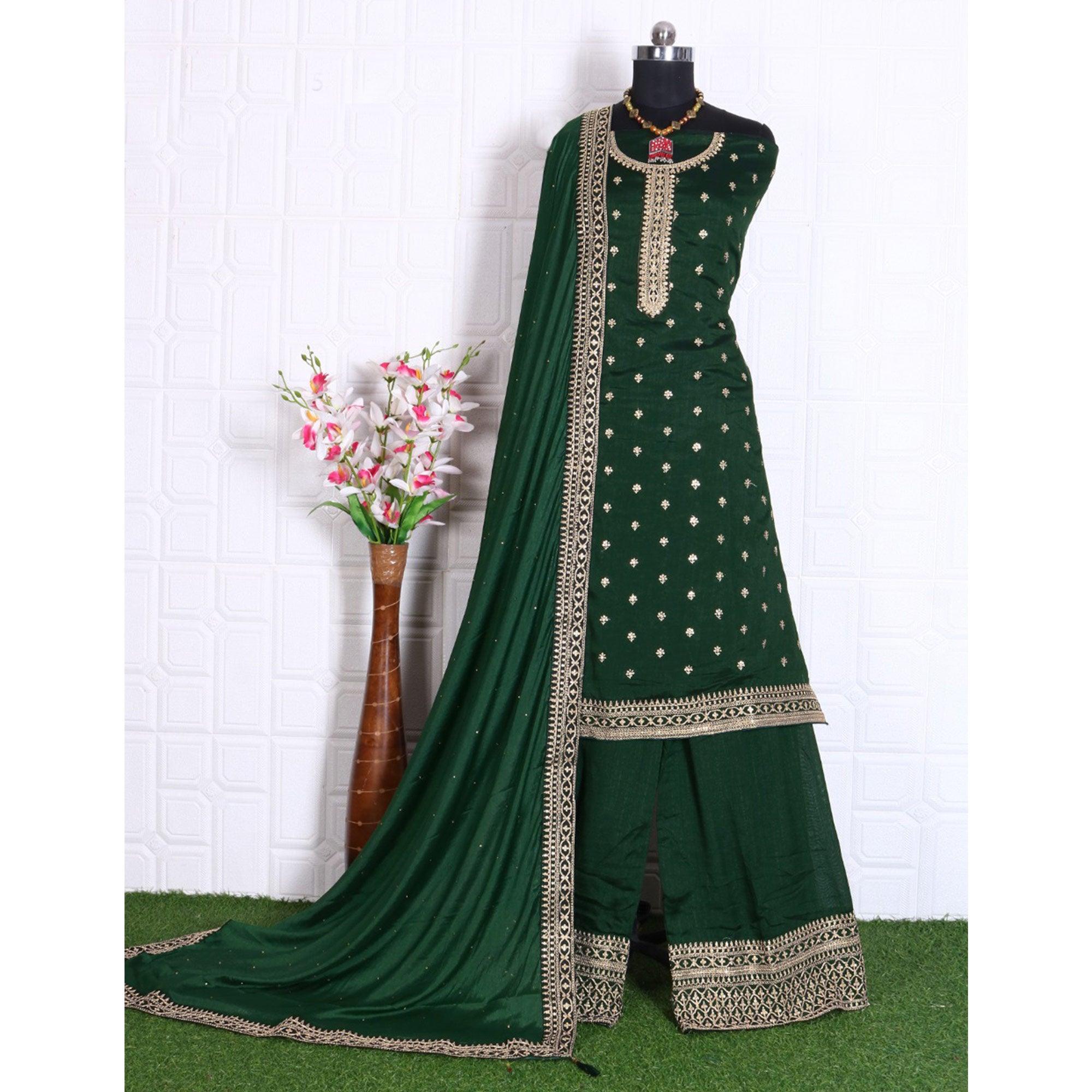 Green Party Wear Embroidered Silk Georgette Palazzo Suit - Peachmode